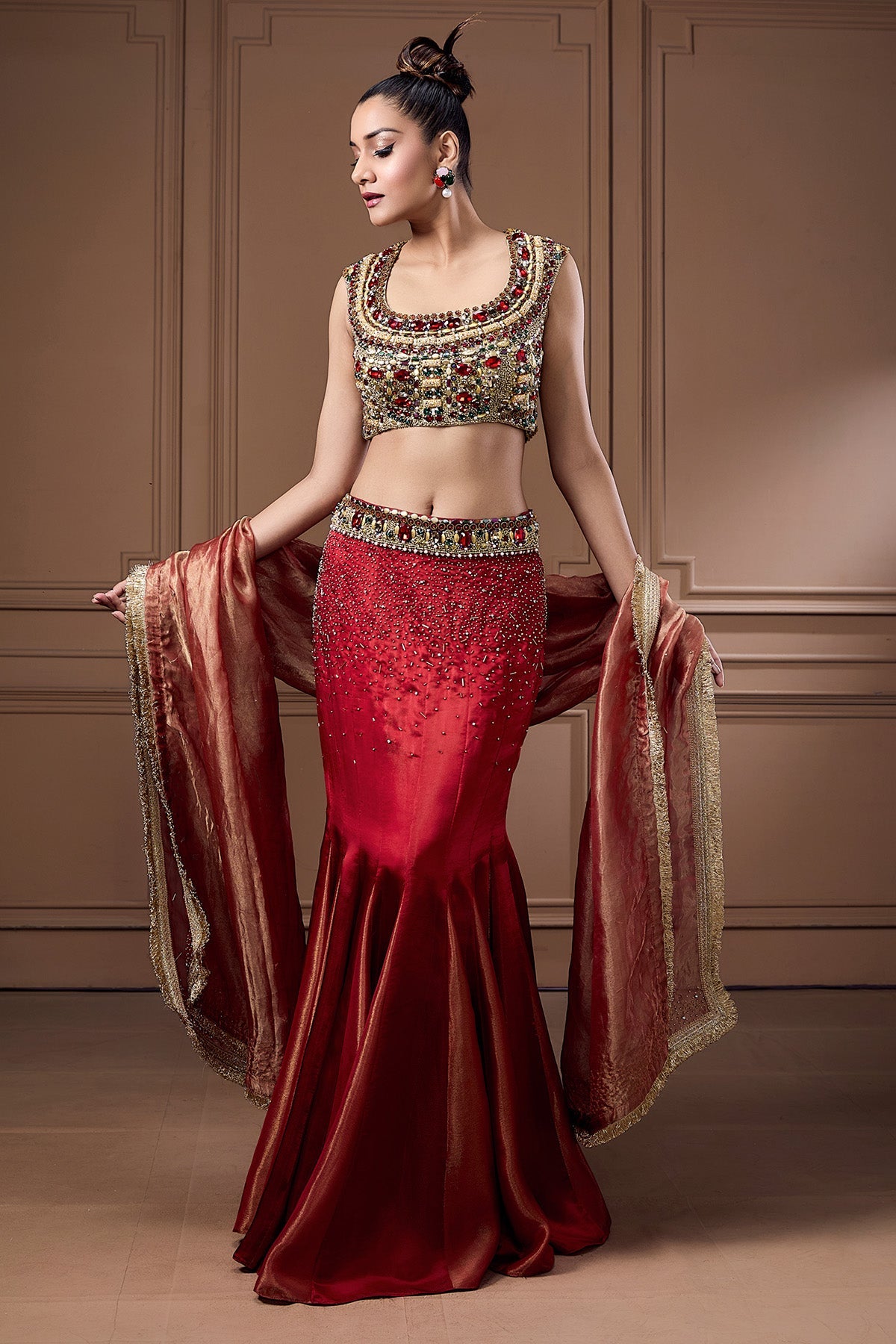 Buy Red Swarovski Work Lehenga Set by Label Kaleido for Women online at ScrollnShops