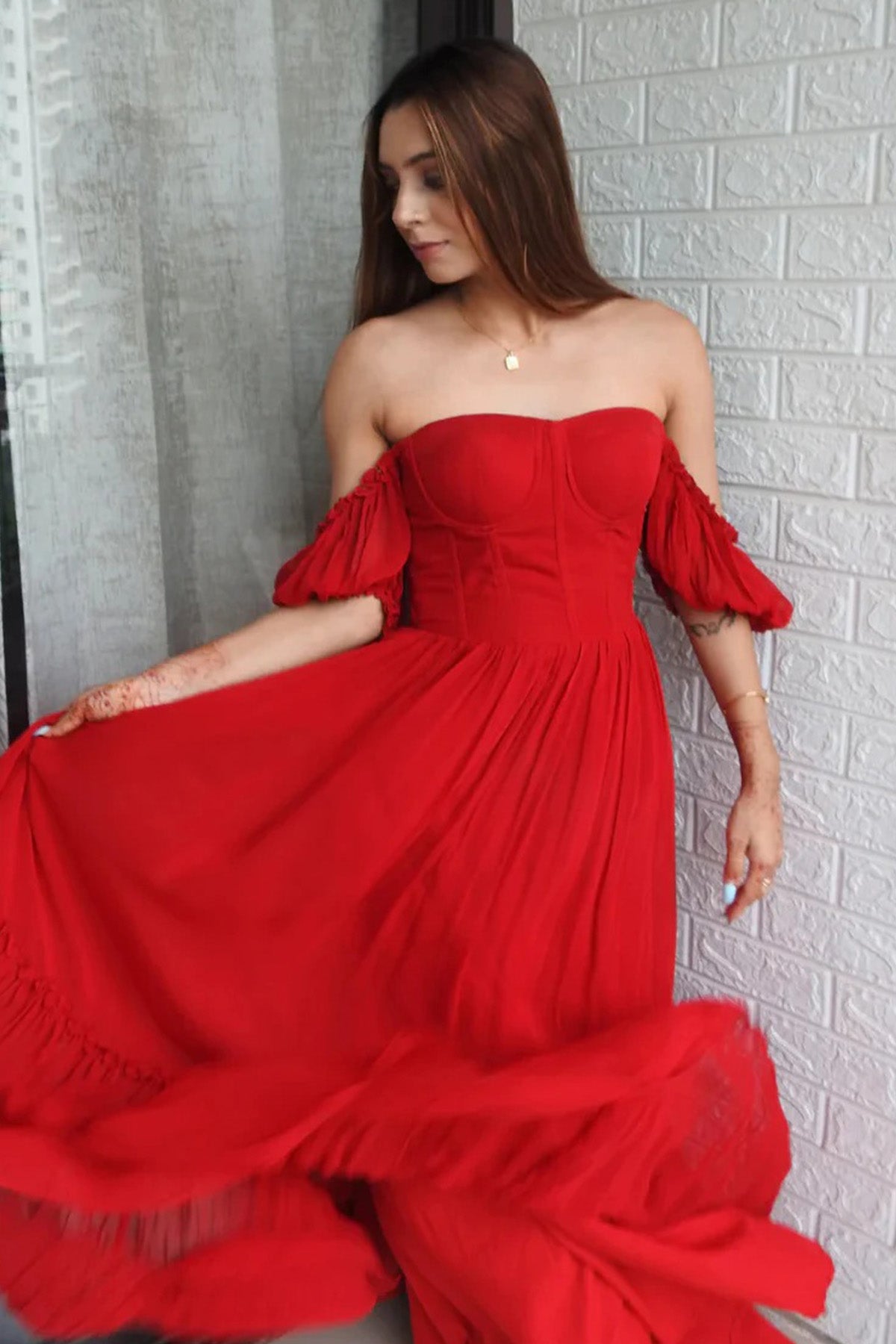 Red Sweetheart Neckline Dress