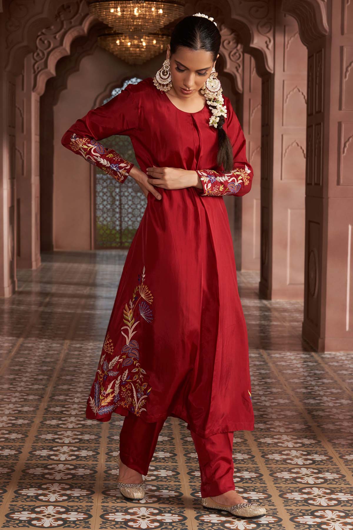 Red Thread Embroidered Kurta Set