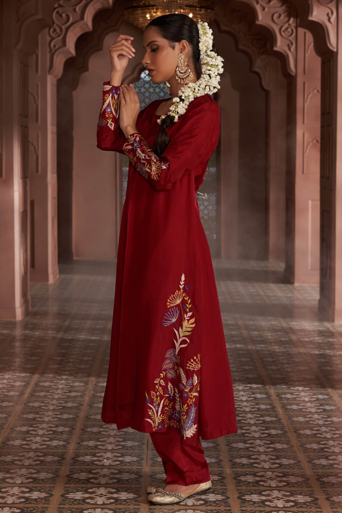 Red Thread Embroidered Kurta Set