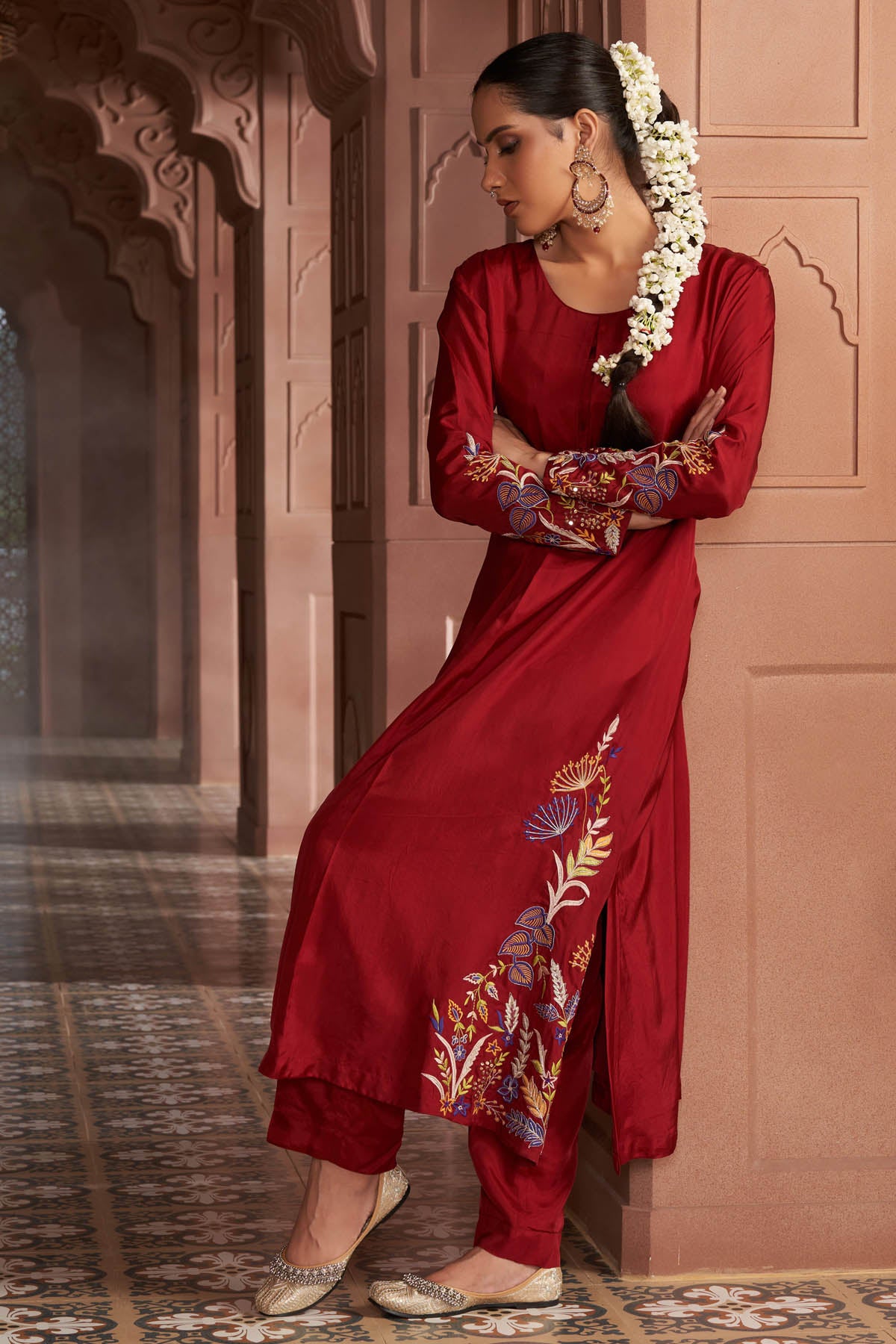Red Thread Embroidered Kurta Set