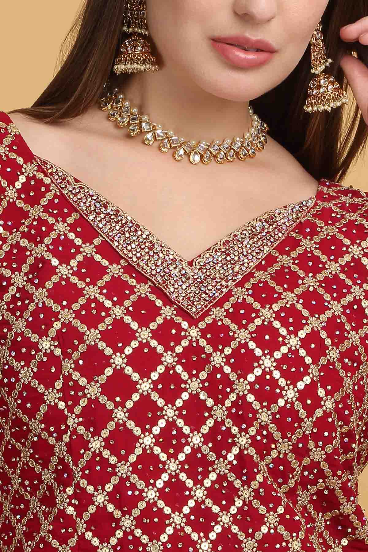 Red Thread V-Neck Lehenga Set