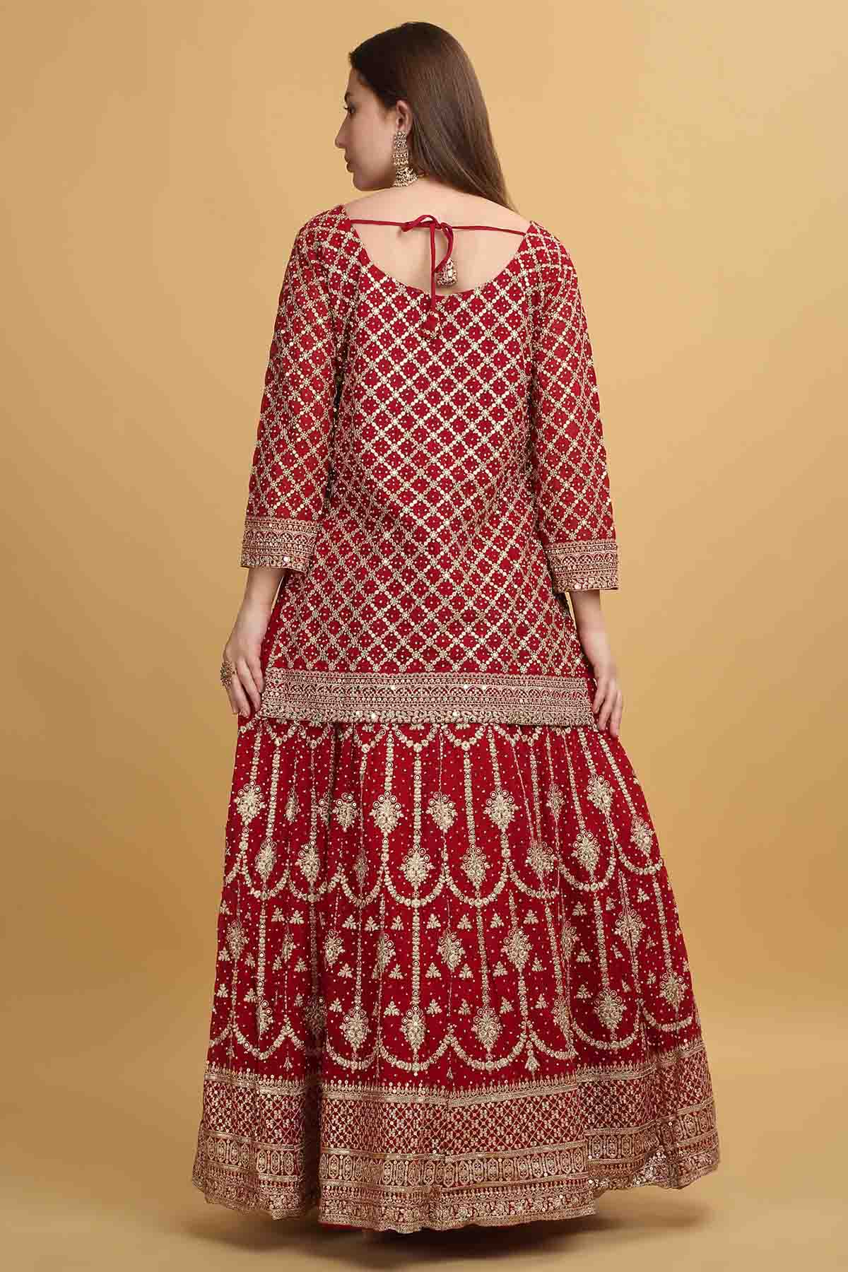 Red Thread V-Neck Lehenga Set