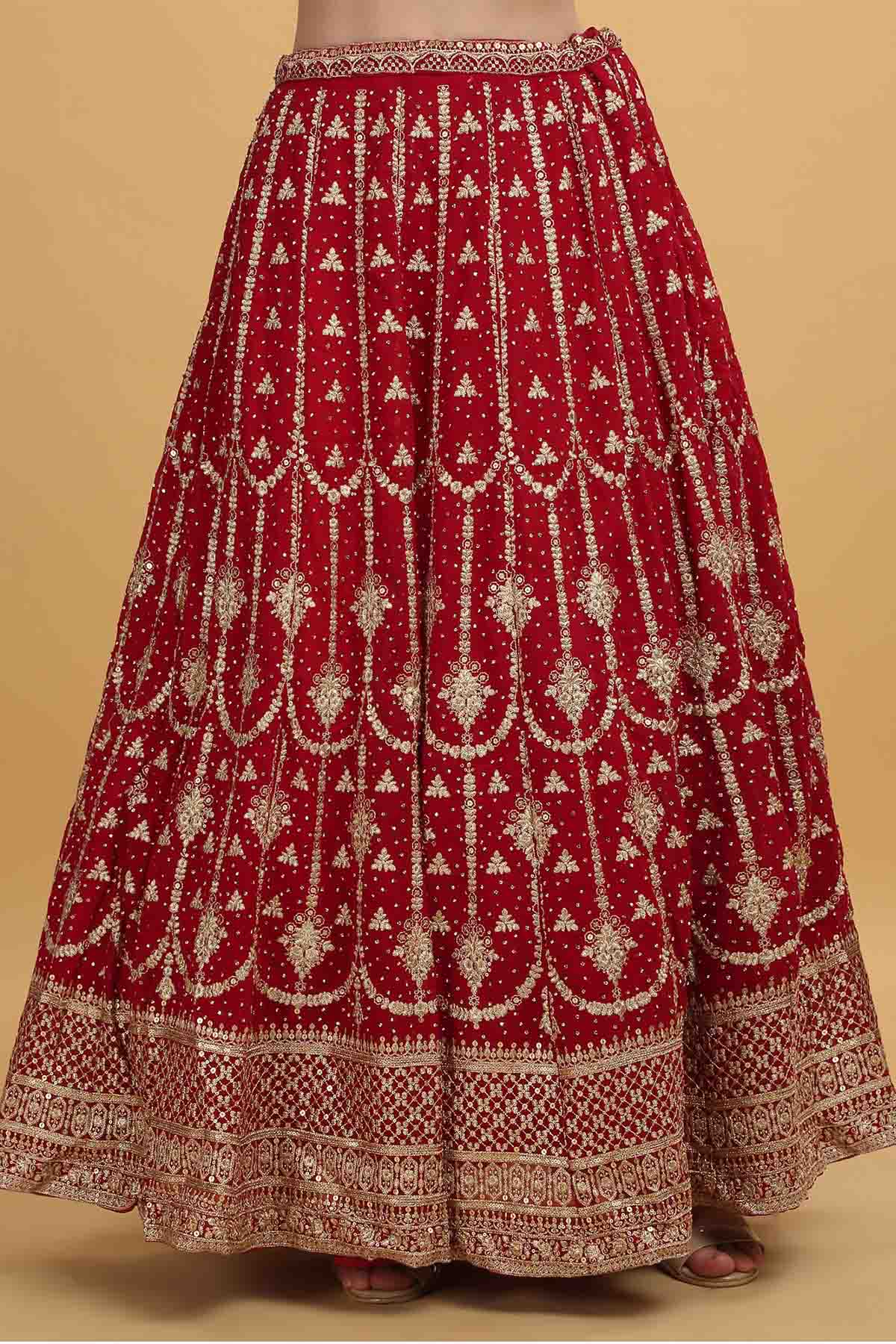 Red Thread V-Neck Lehenga Set