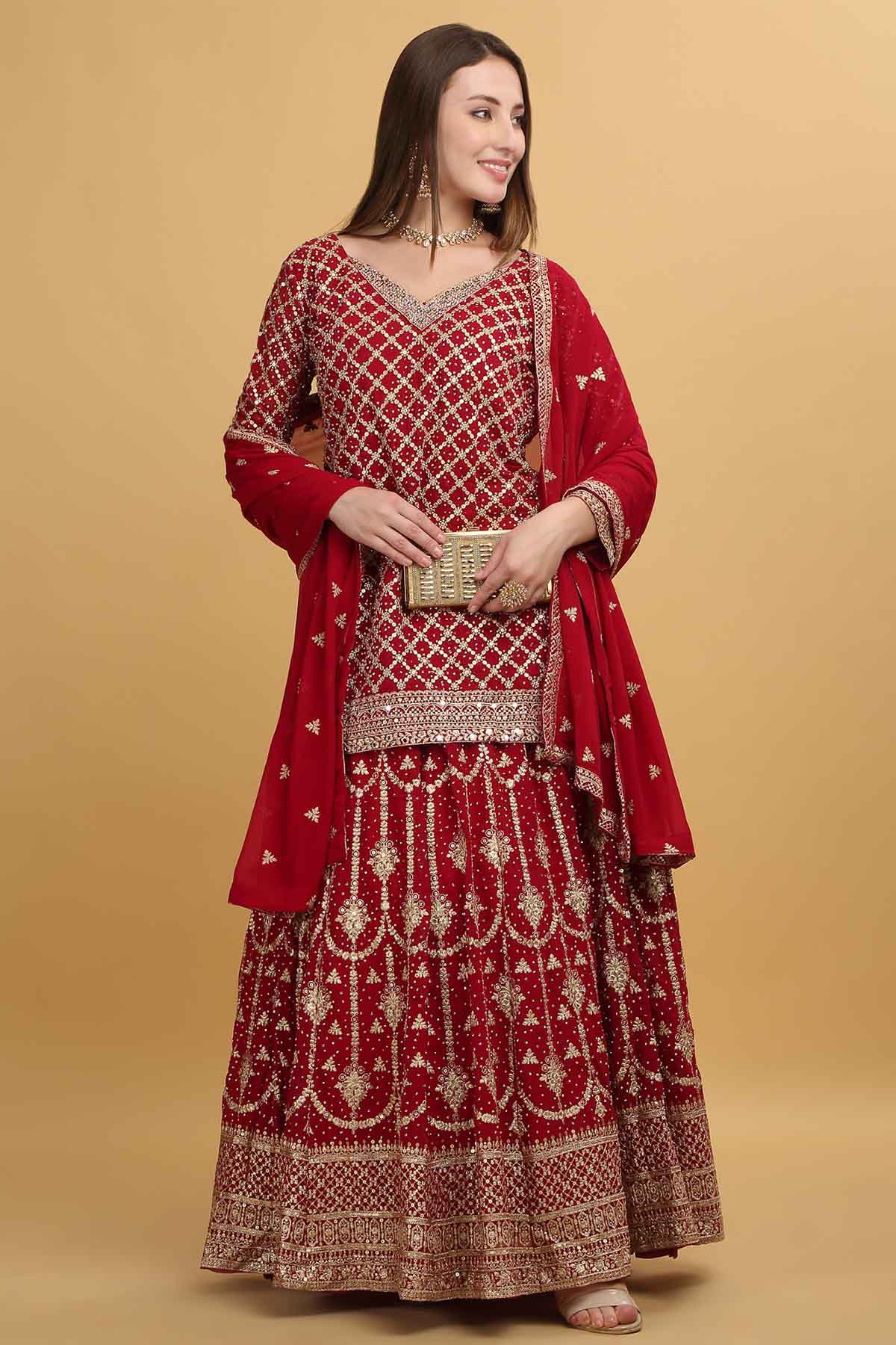 Buy Red Thread V-Neck Lehenga Set by Aham Vayam at ScrollnShops