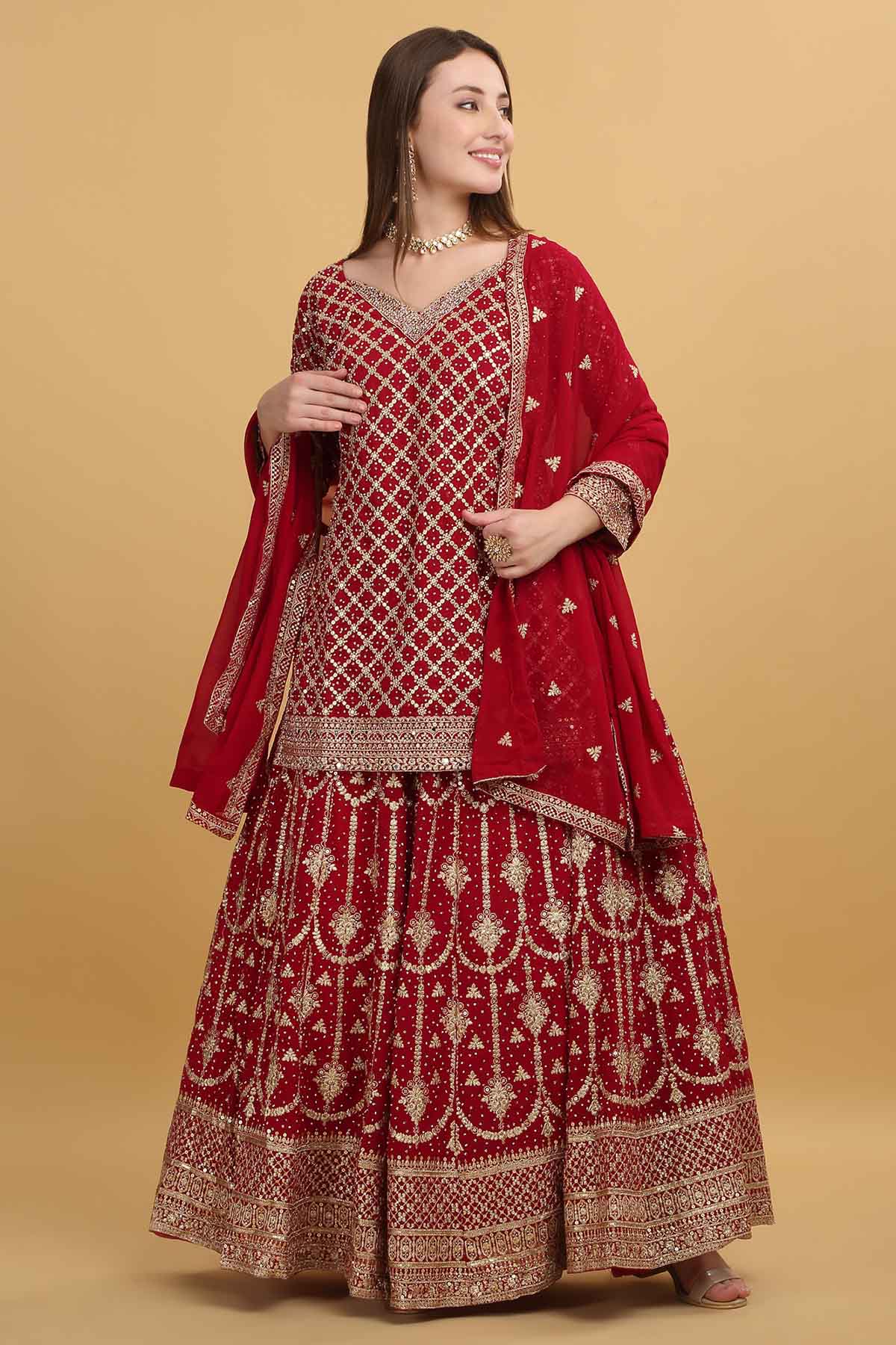 Red Thread V-Neck Lehenga Set