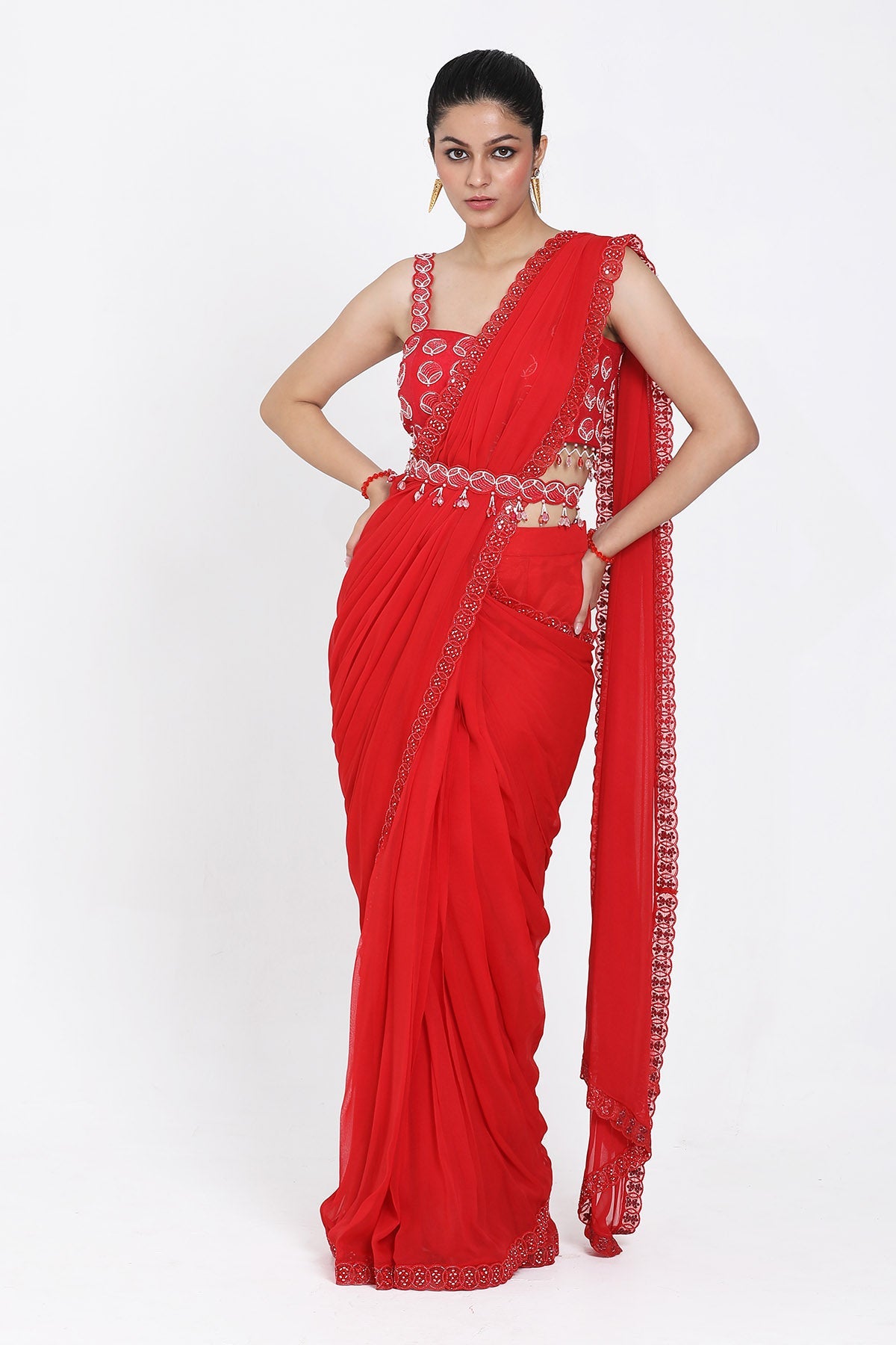 Buy Red Thread Work Pre-Draped Saree by Nitisha Kashyapi for women online at ScrollnShops