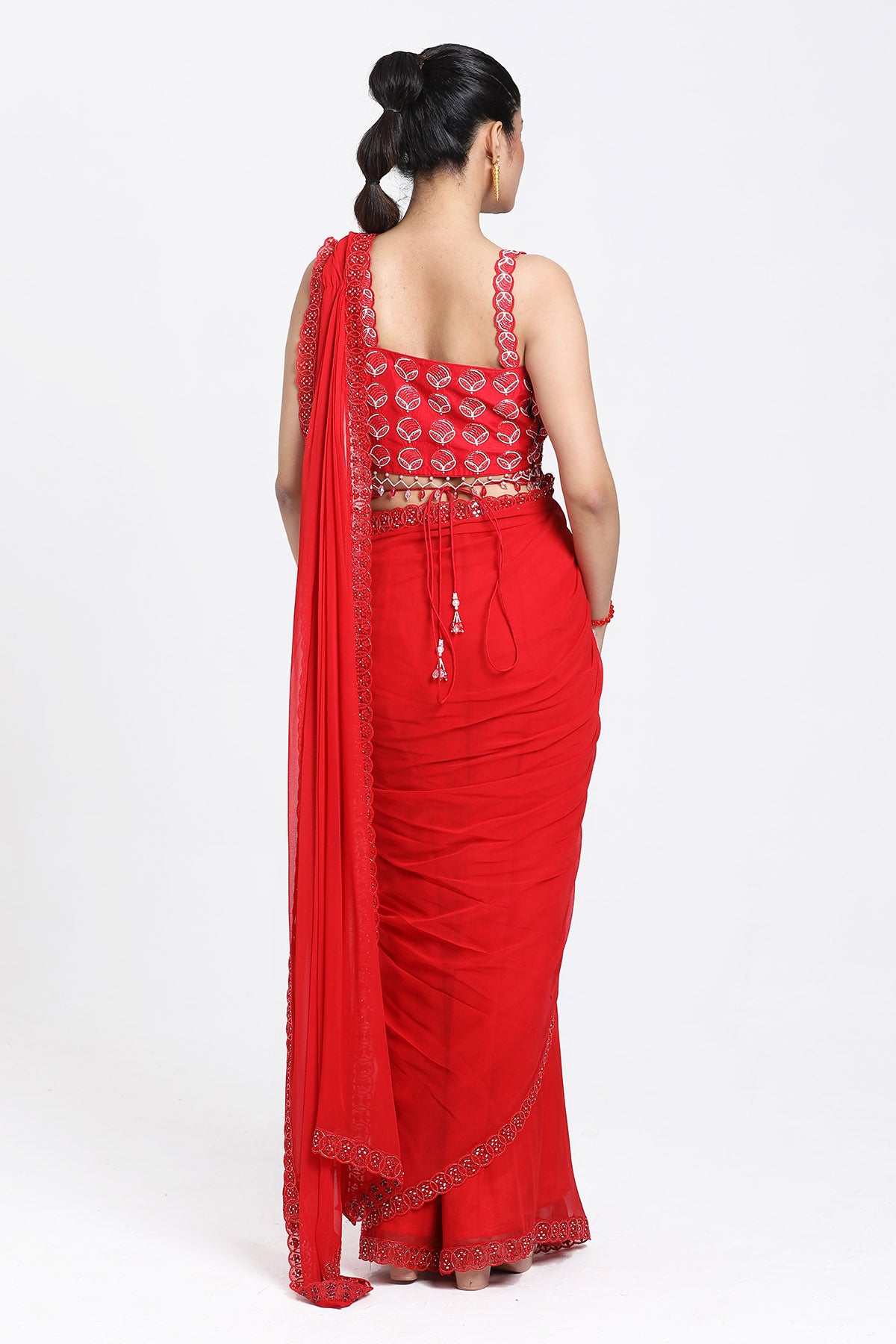 Red Thread Work Pre-Draped Saree