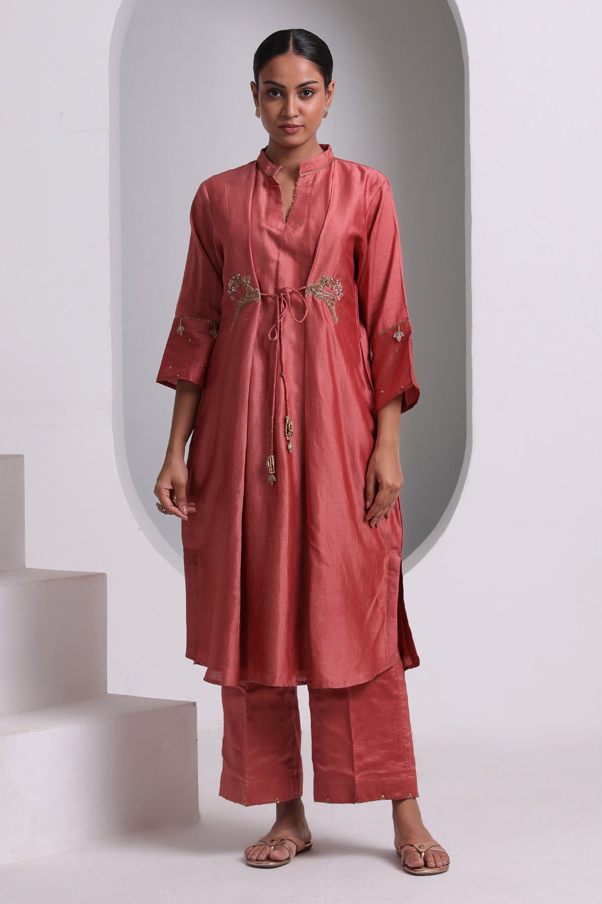 Red Tie-Up Flared Kurta & Pants