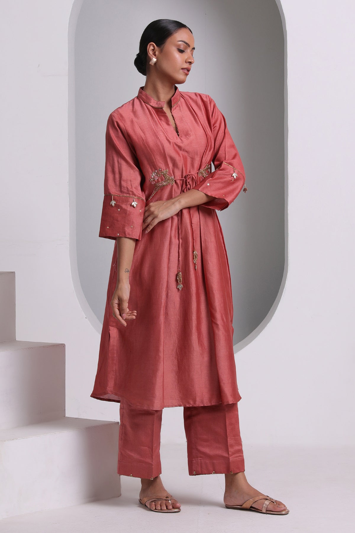 Red Tie-Up Flared Kurta & Pants