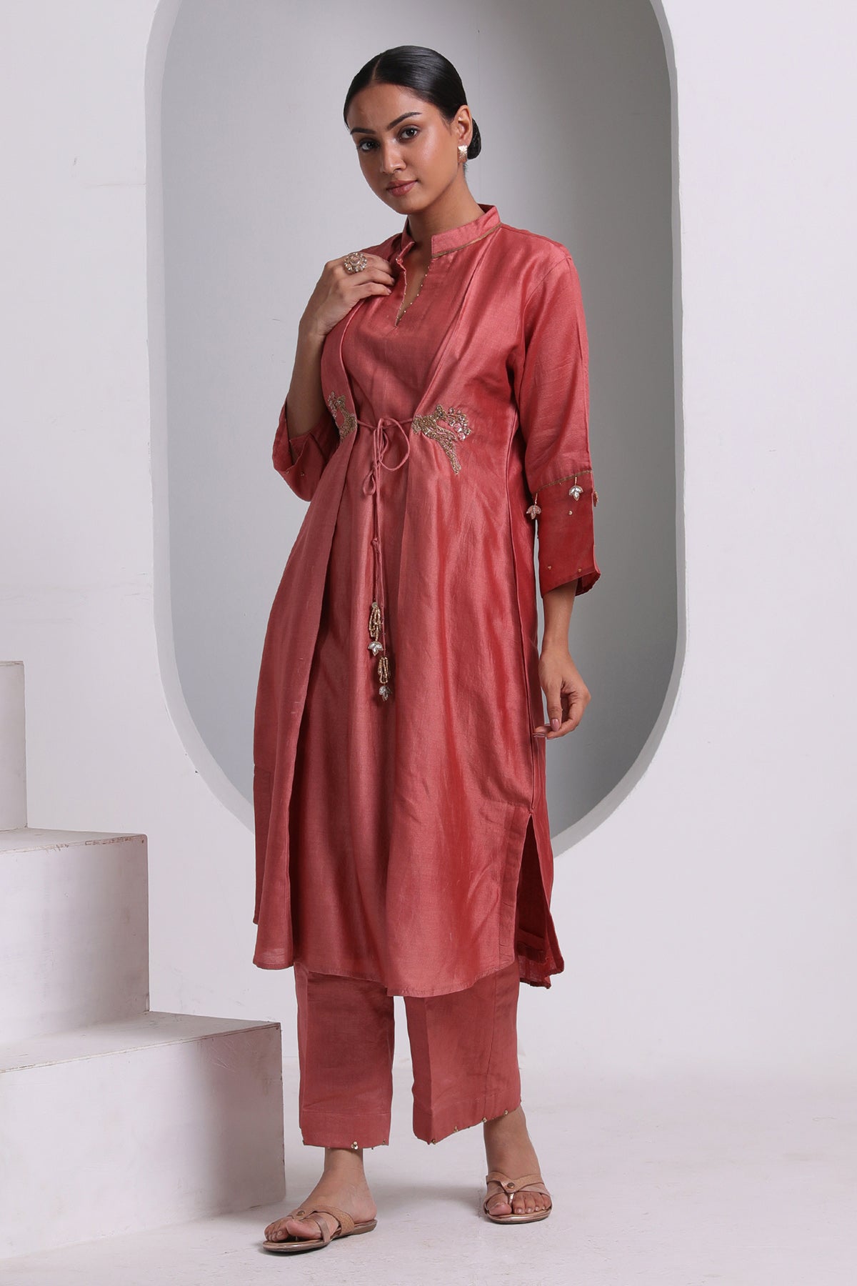 Red Tie-Up Flared Kurta & Pants