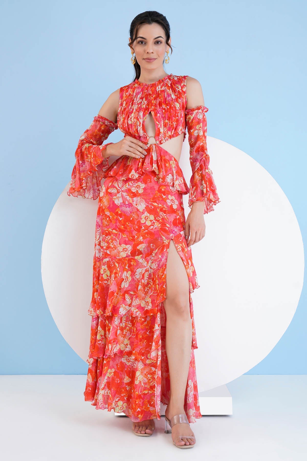 Buy Mandira Wirk Crimson Cascade: Flowy Tiered Dress with Cutout For Women at ScrollnShops