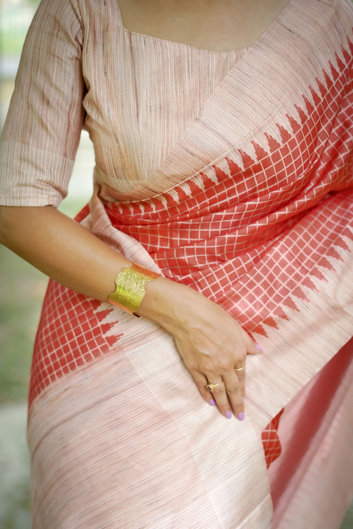 Red Tussar Silk Checked Saree