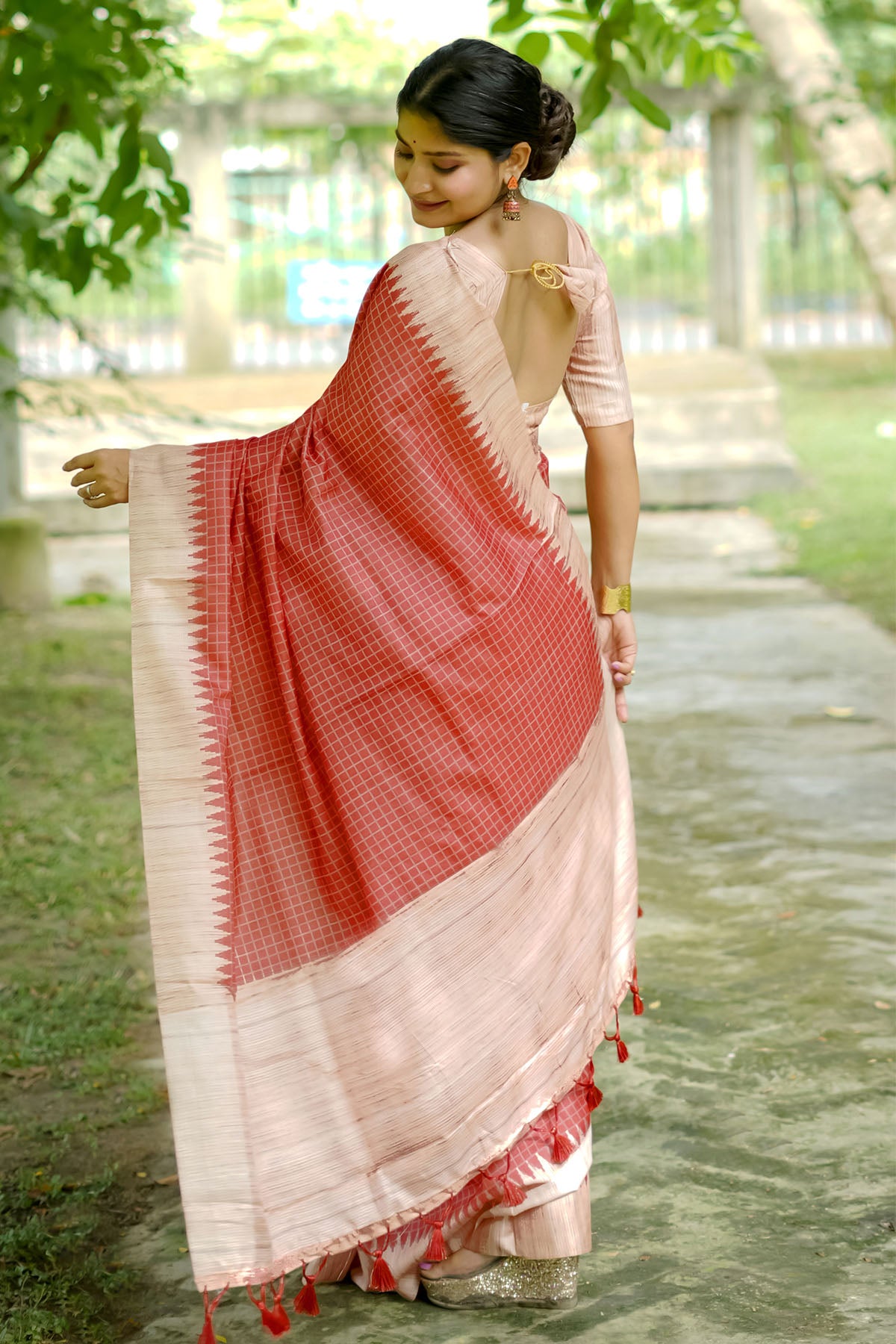 Red Tussar Silk Checked Saree