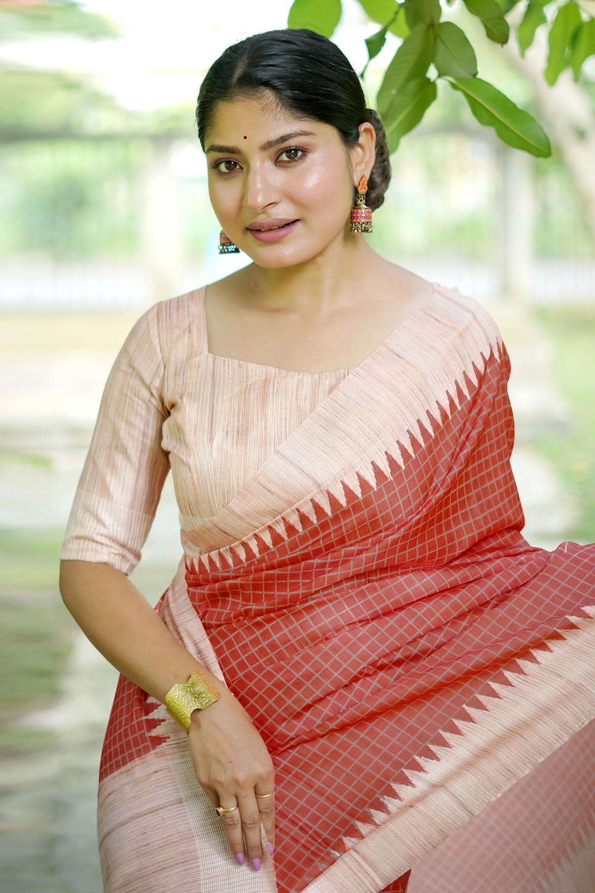 Red Tussar Silk Checked Saree