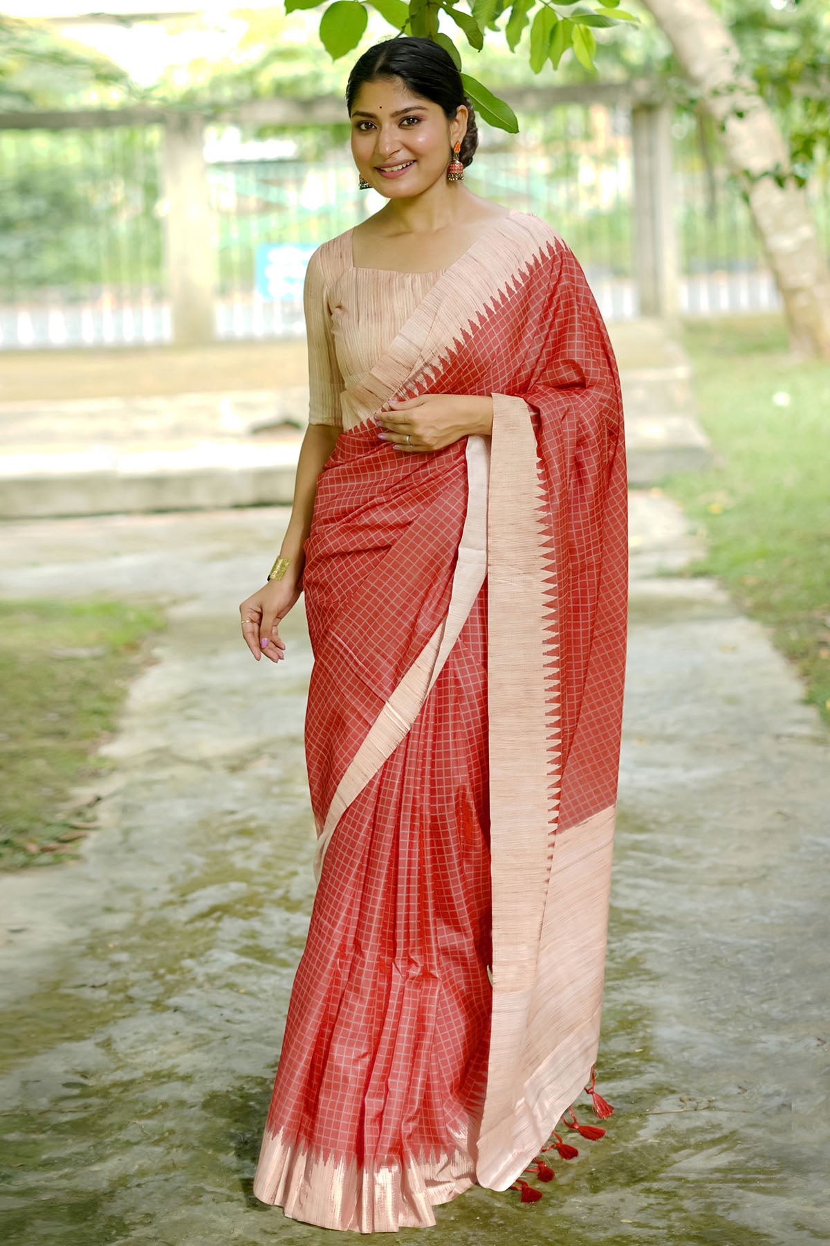 Red Tussar Silk Checked Saree