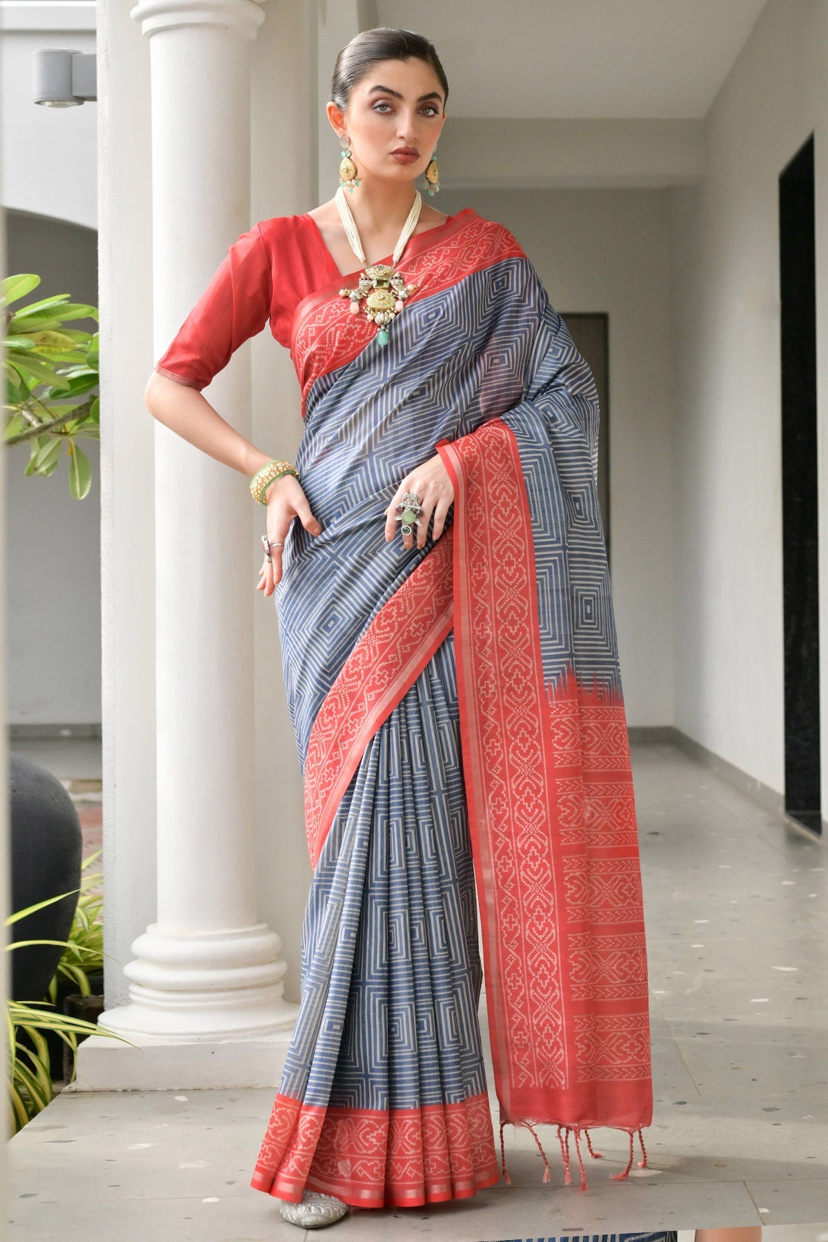 Buy Red Tussar Silk Printed Saree for women by Lili Lala Designer online available at scrollnshops