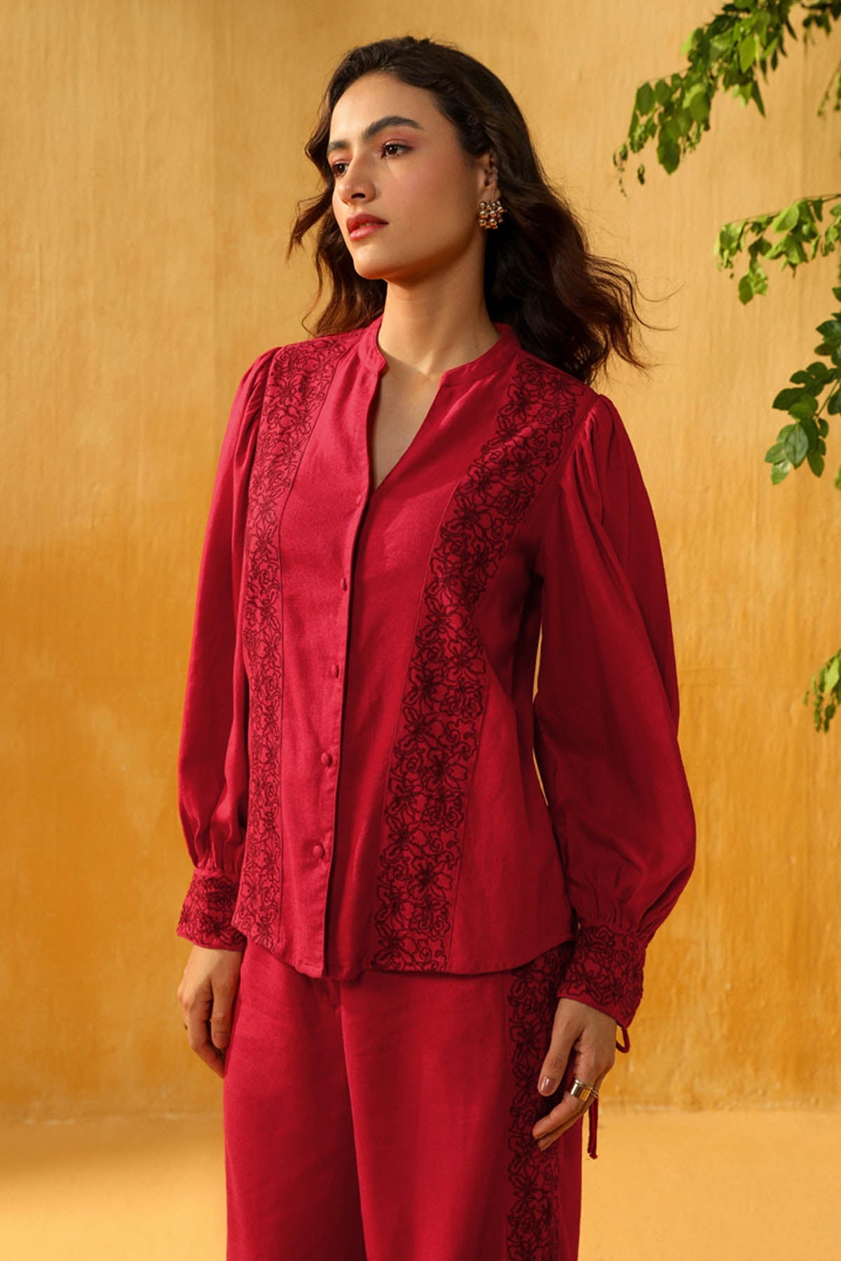 Sewtable Clothing Red V-Neck Embroidered Top for women online at ScrollnShops