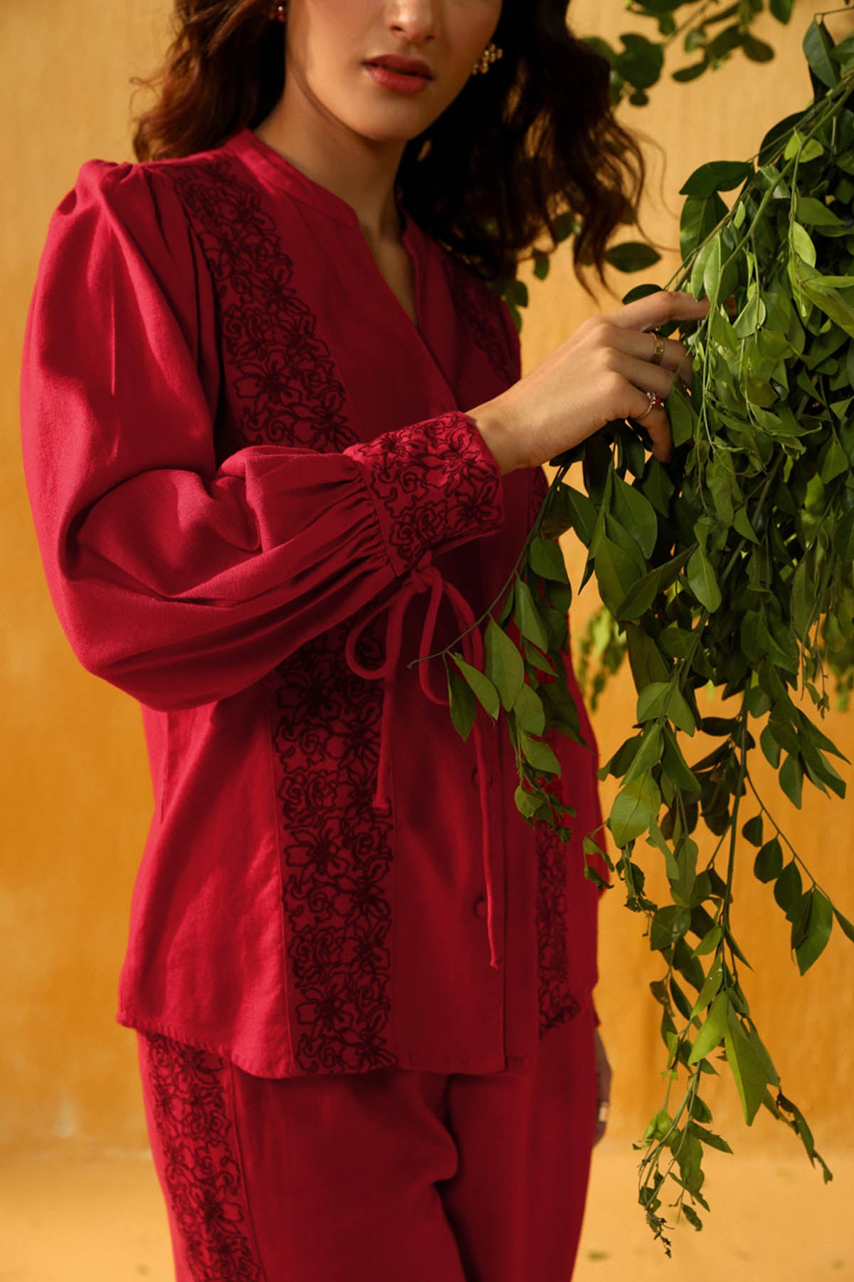 Red V-Neck Embroidered Top