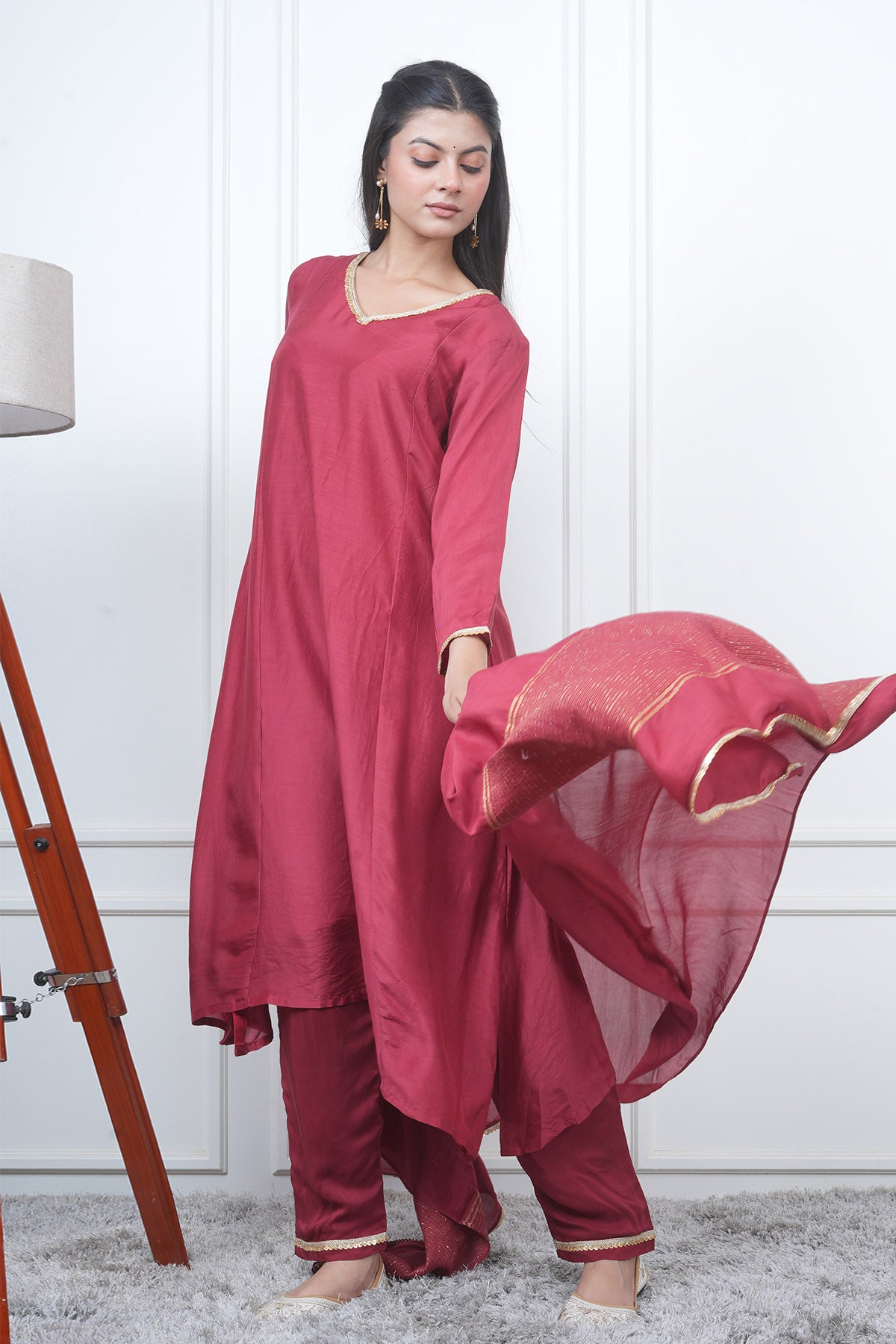 Red V-Neck Flared Kurta Set