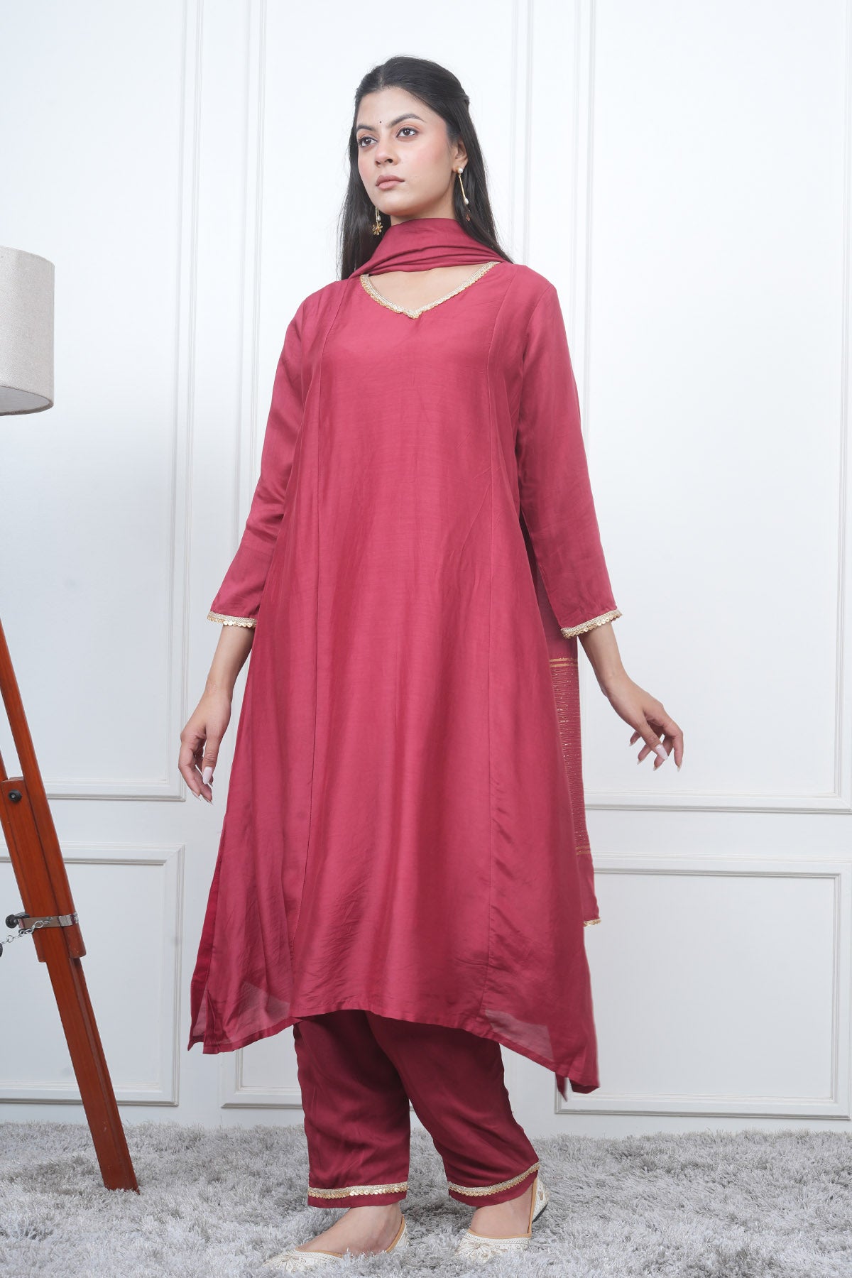 Red V-Neck Flared Kurta Set
