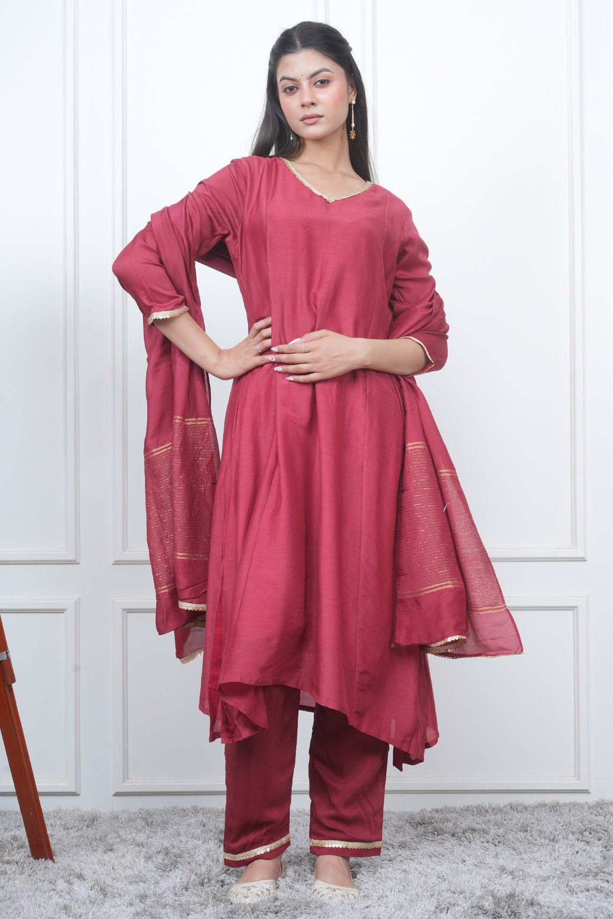 Red V-Neck Flared Kurta Set