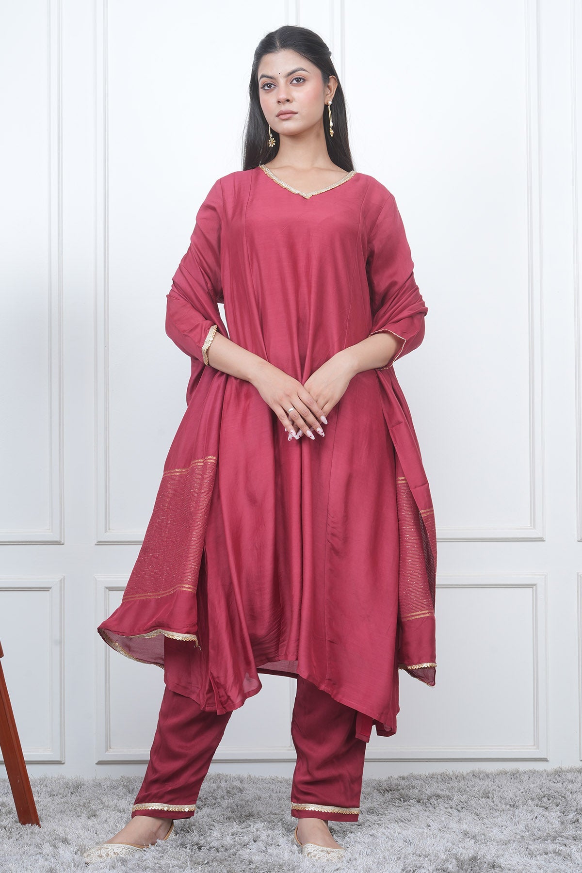 Buy Red V-Neck Flared Kurta Set by Eesha Gupta for women online at ScrollnShops