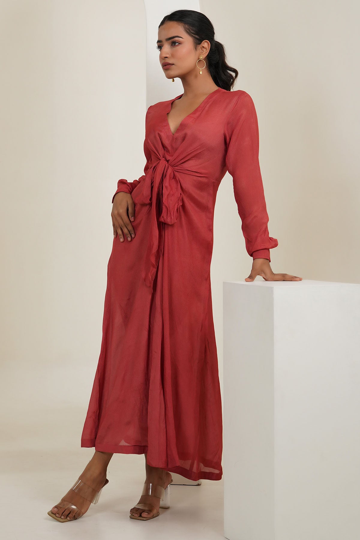 Red V-Neck Tie-Up Midi Dress