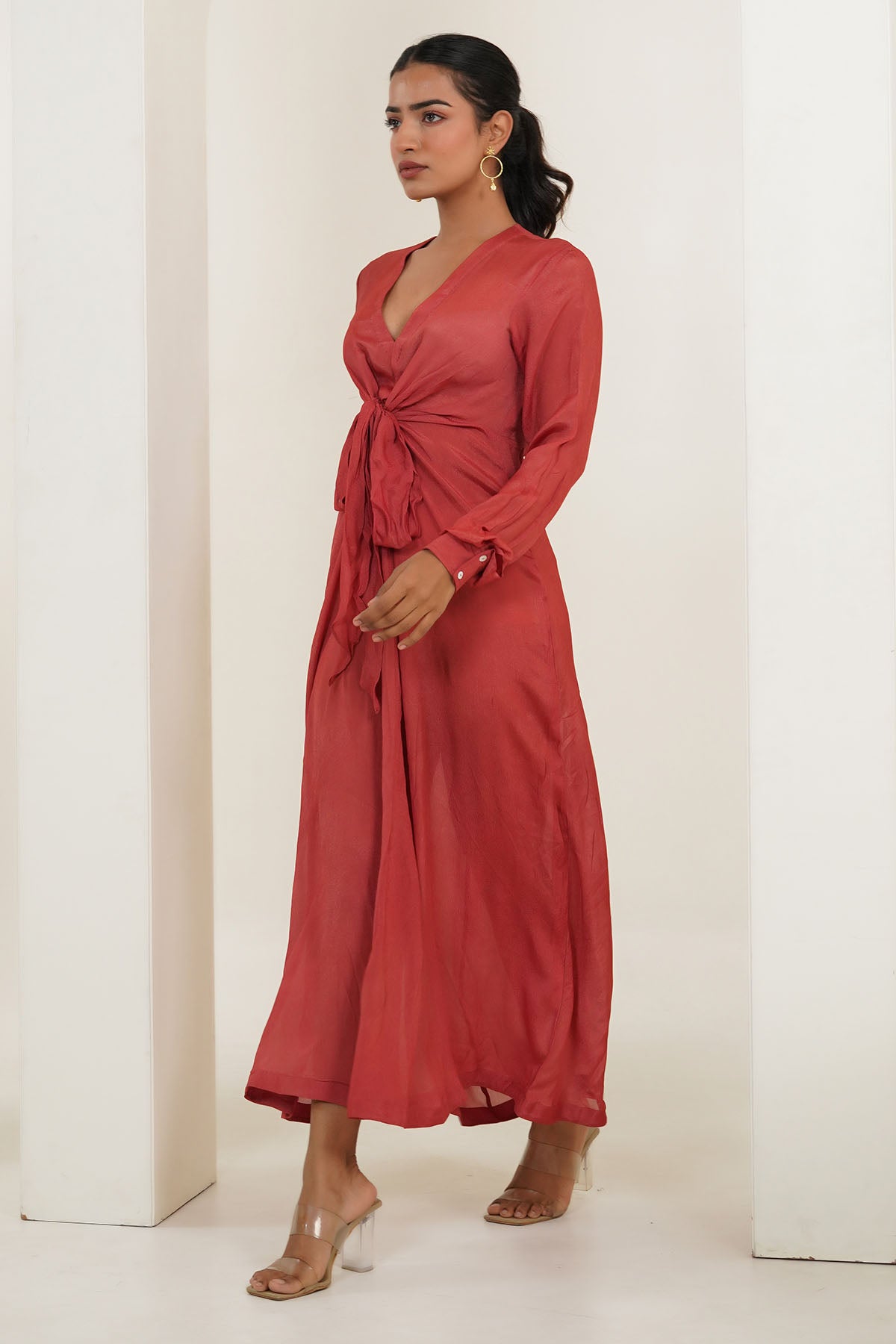 Red V-Neck Tie-Up Midi Dress