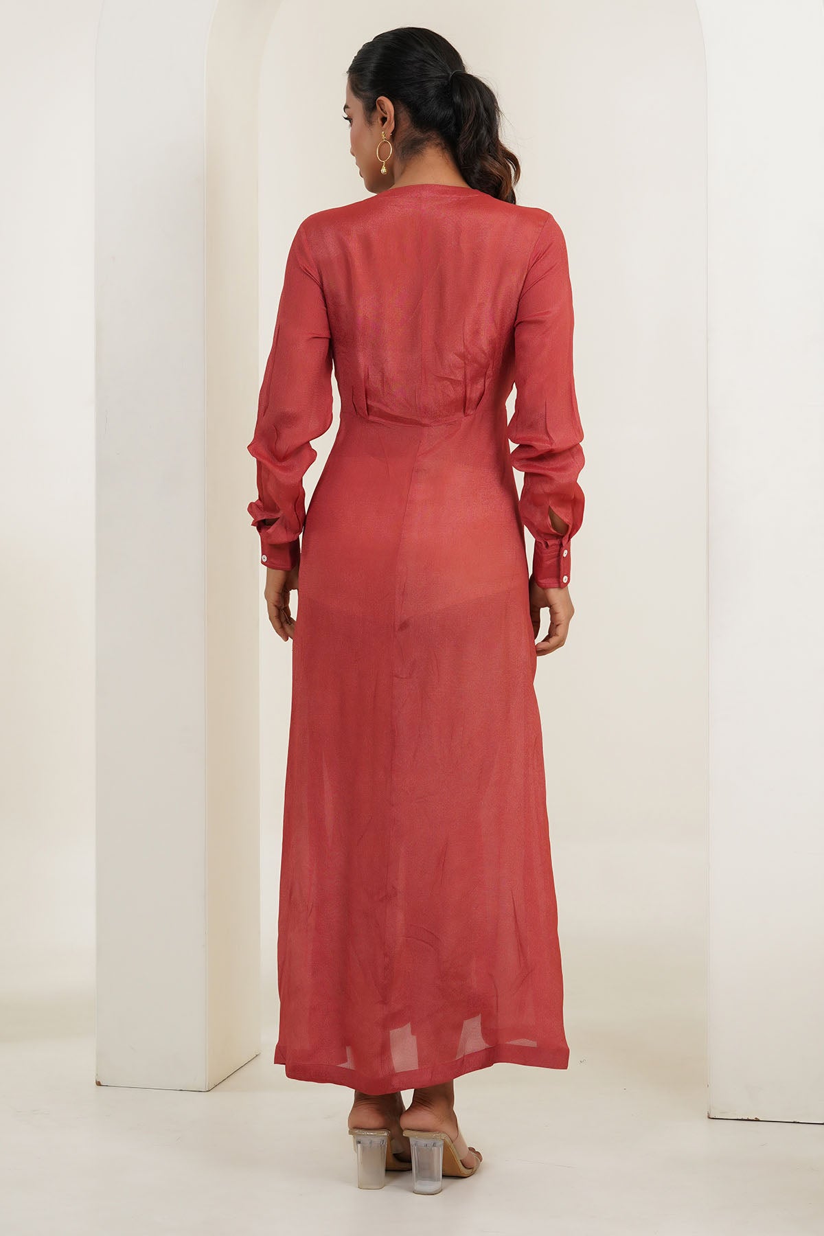 Red V-Neck Tie-Up Midi Dress