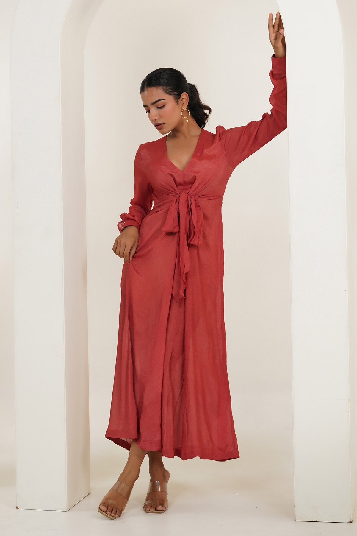 Imrie Red V-Neck Tie-Up Midi Dress for women online at ScrollnShops