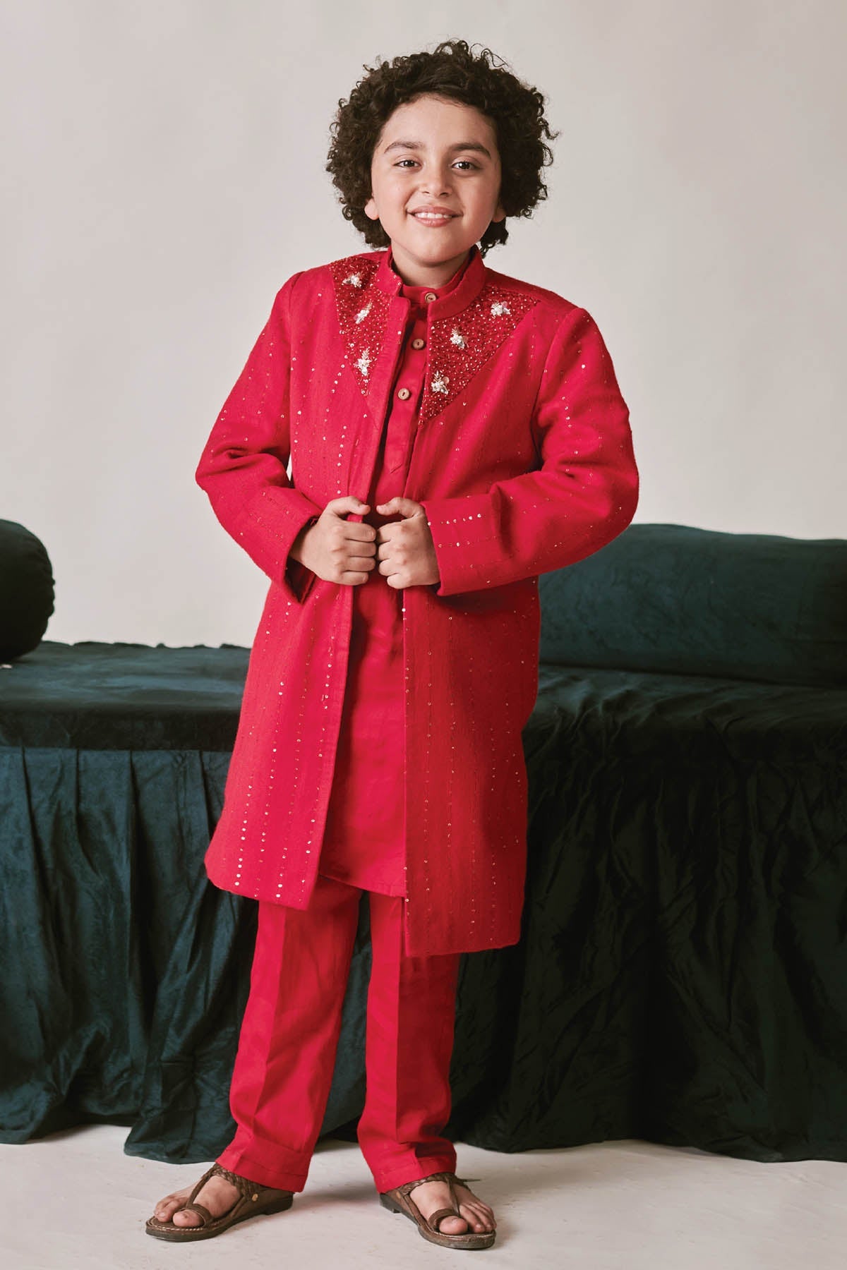 Designer Littleens Red Vegan Silk Sherwani Set For Kids (Boys & Girls) Available online at ScrollnShops