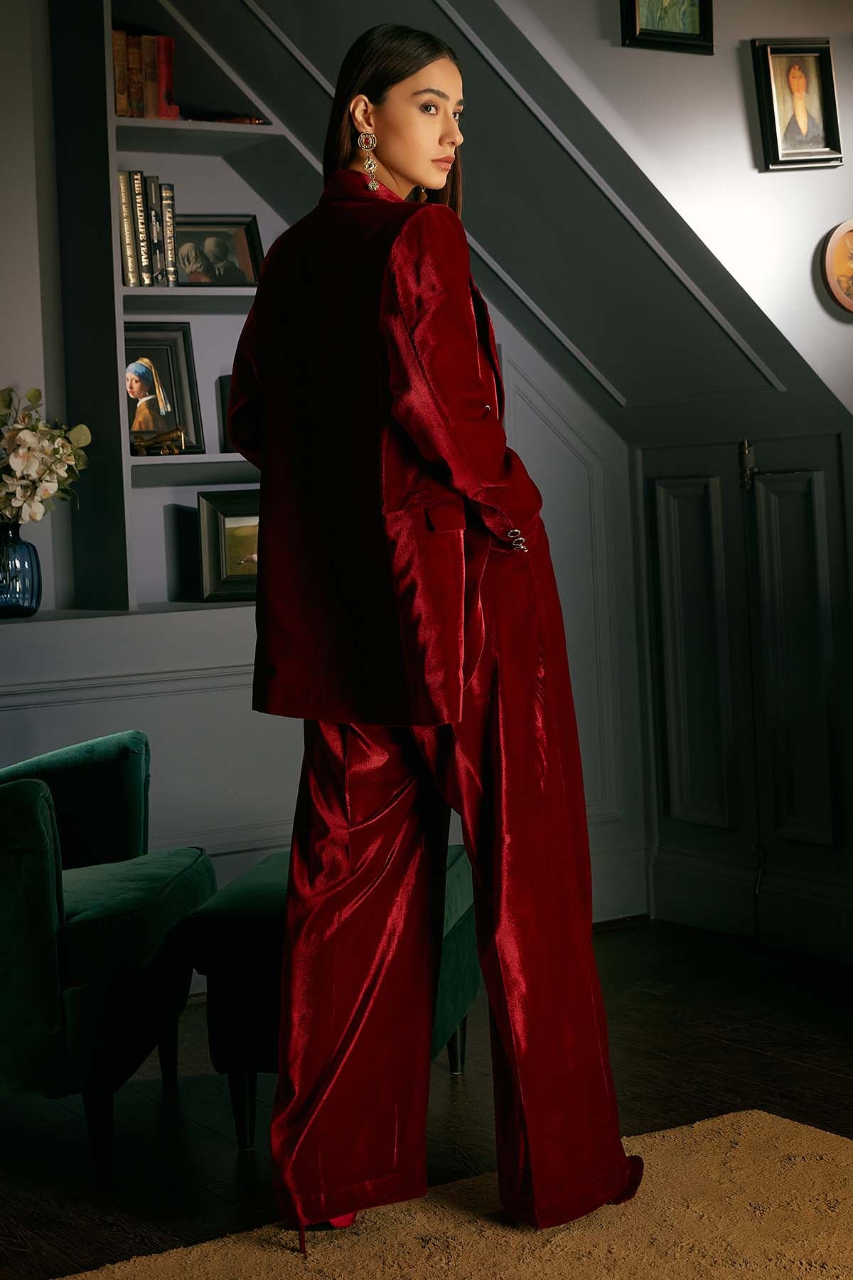 Red Velvet Collar Co-ord Set