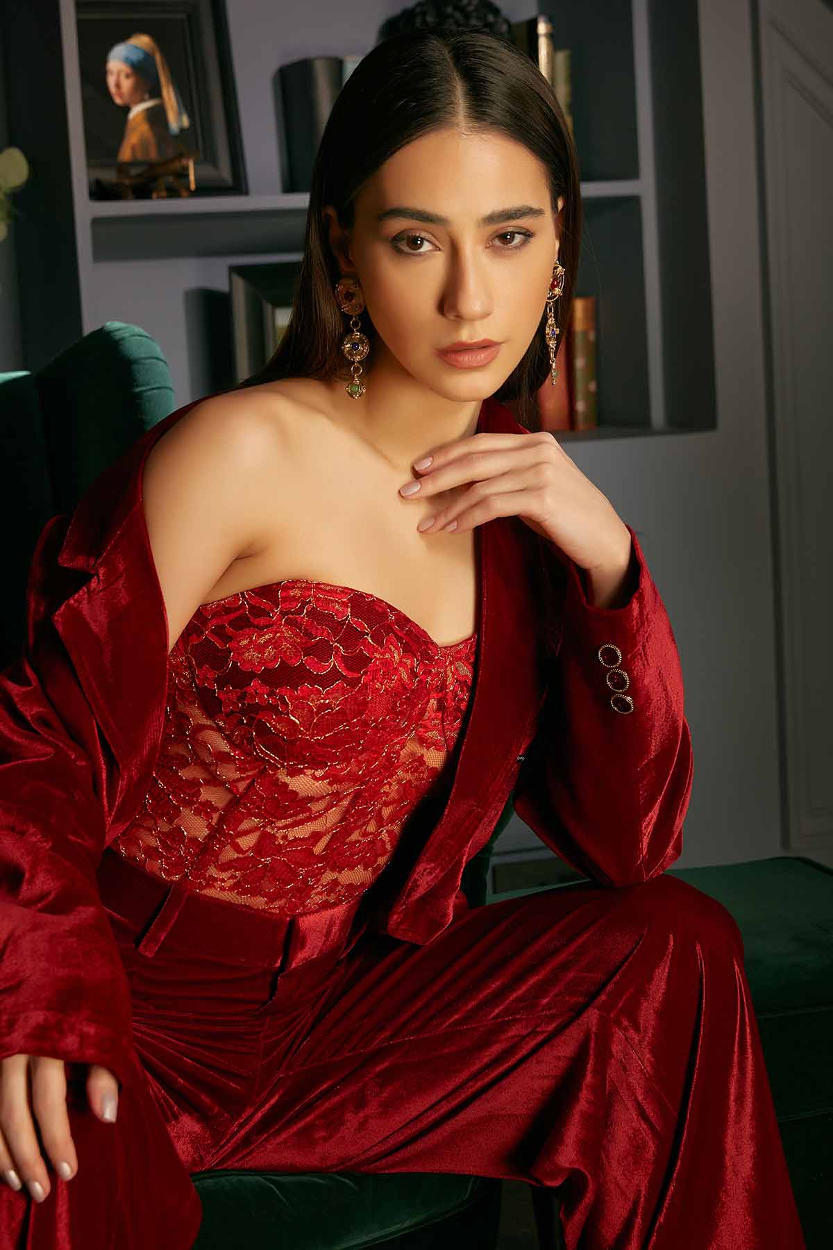 Red Velvet Collar Co-ord Set