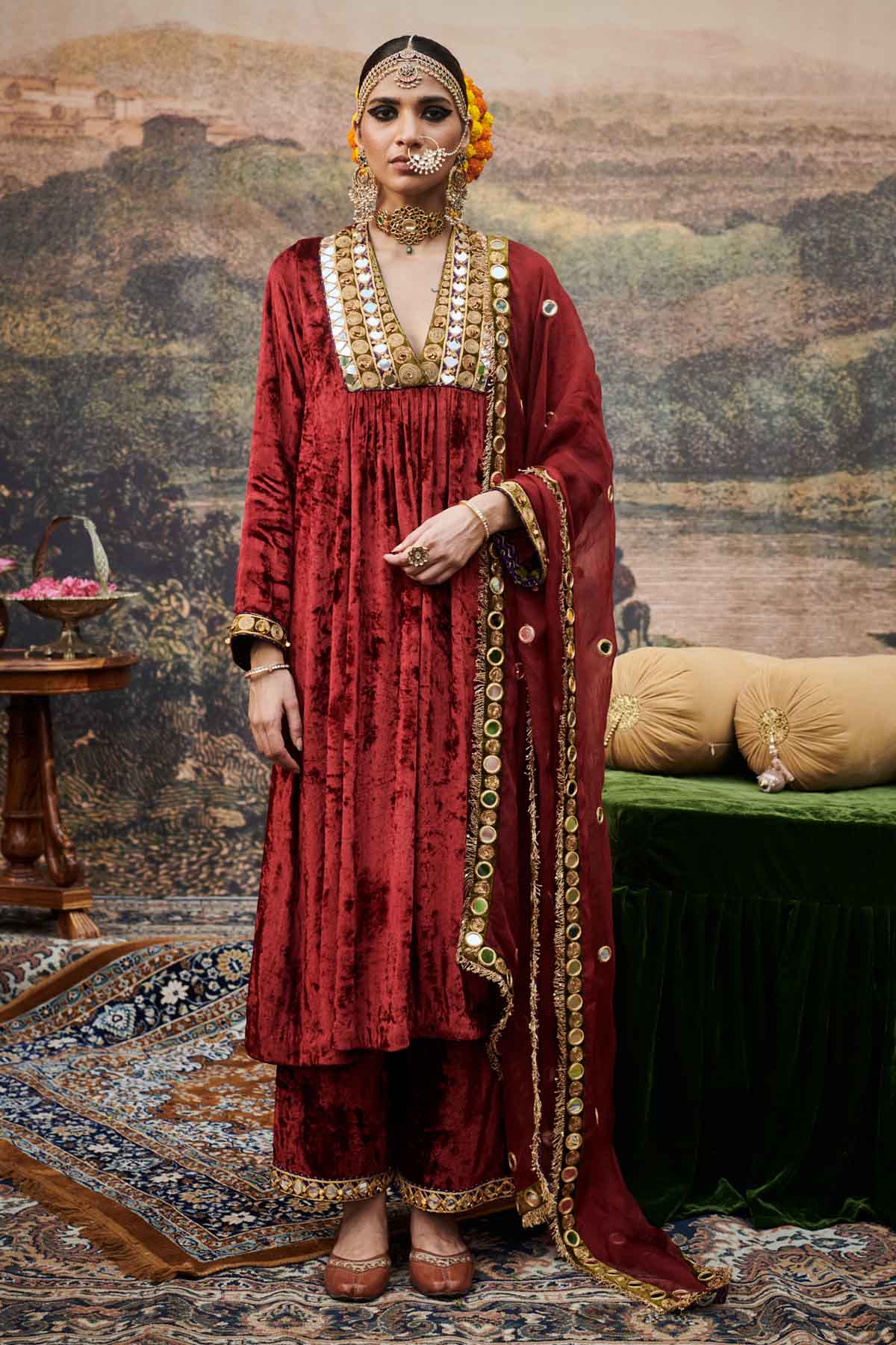 ITRH Red Velvet Embroidered Kurta Set for women online at ScrollnShops