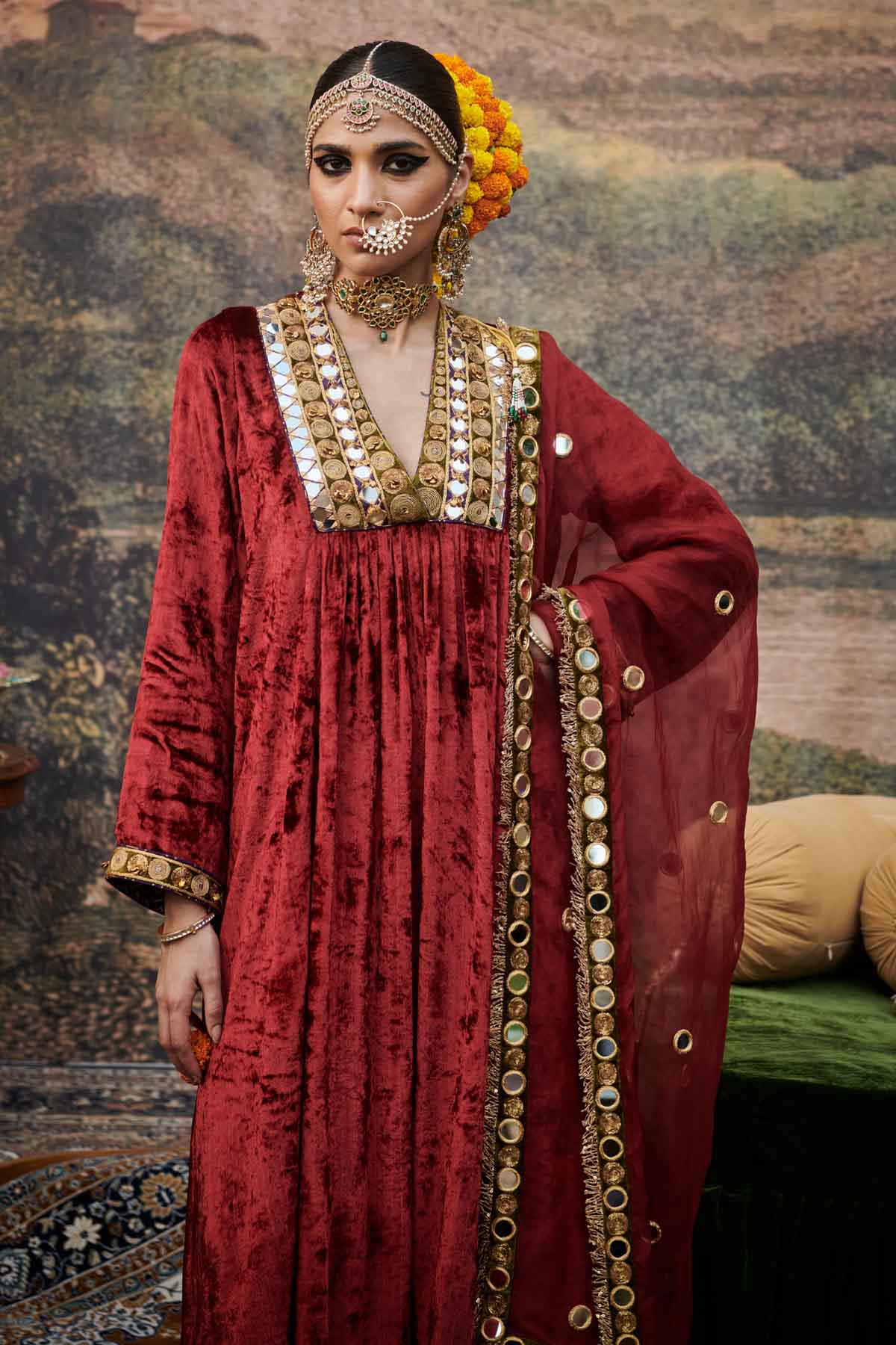 Red Velvet Embroidered Kurta Set
