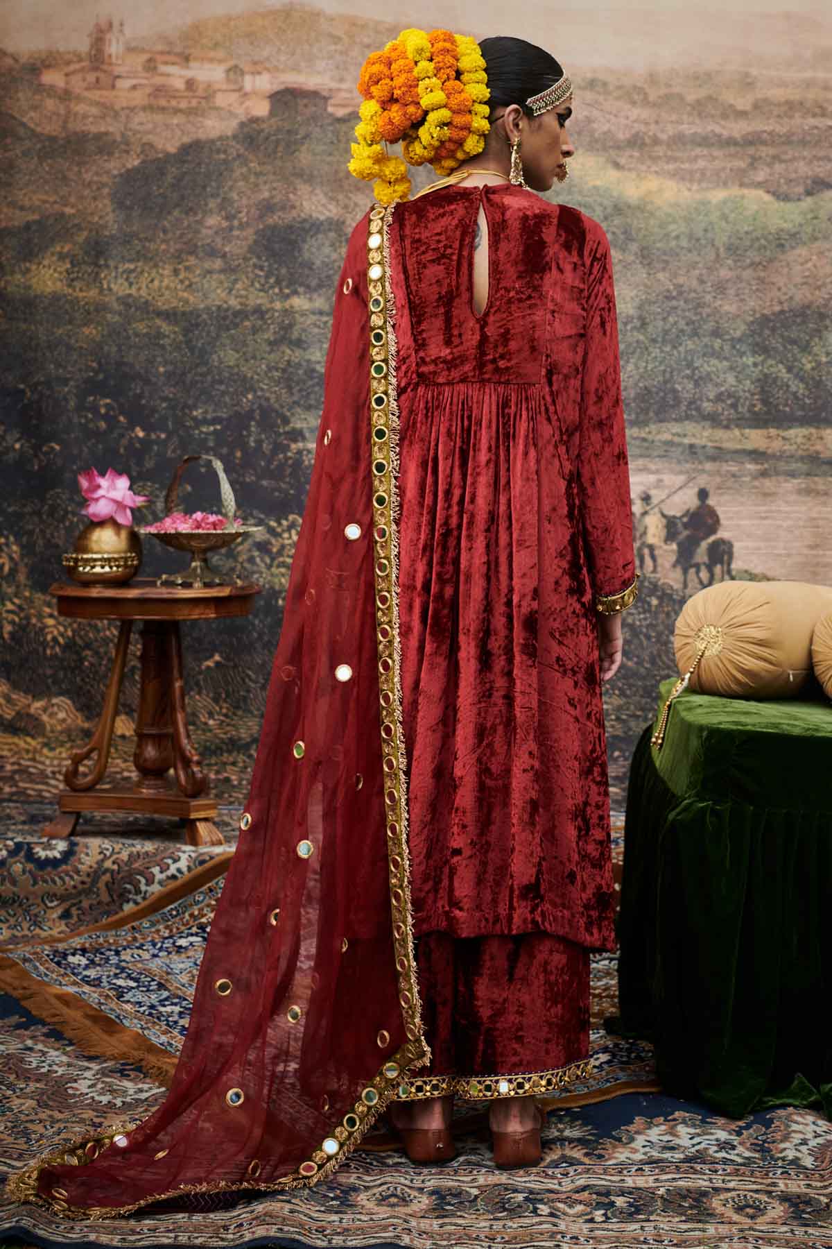 Red Velvet Embroidered Kurta Set