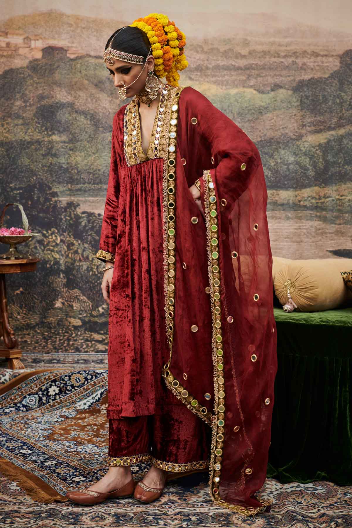 Red Velvet Embroidered Kurta Set