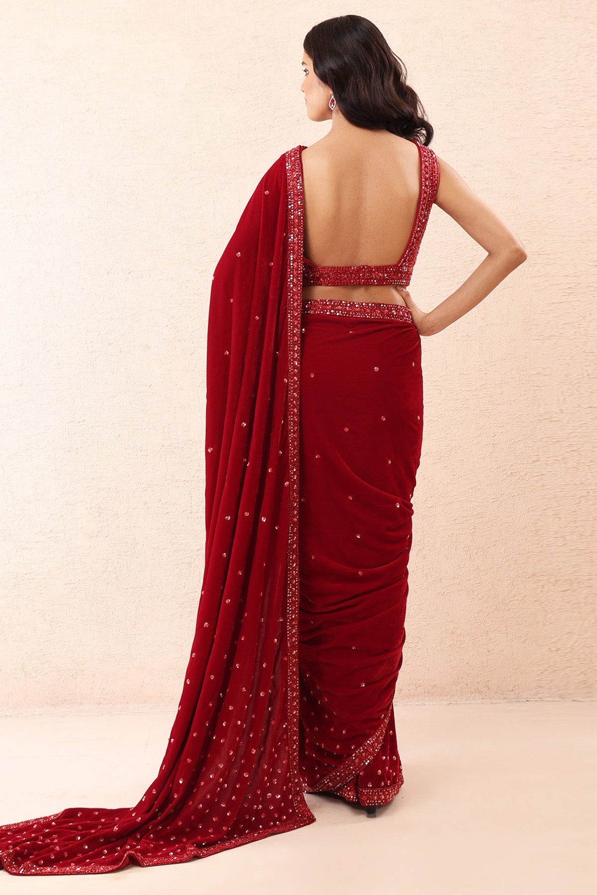 Red Velvet Embroidery Saree Set