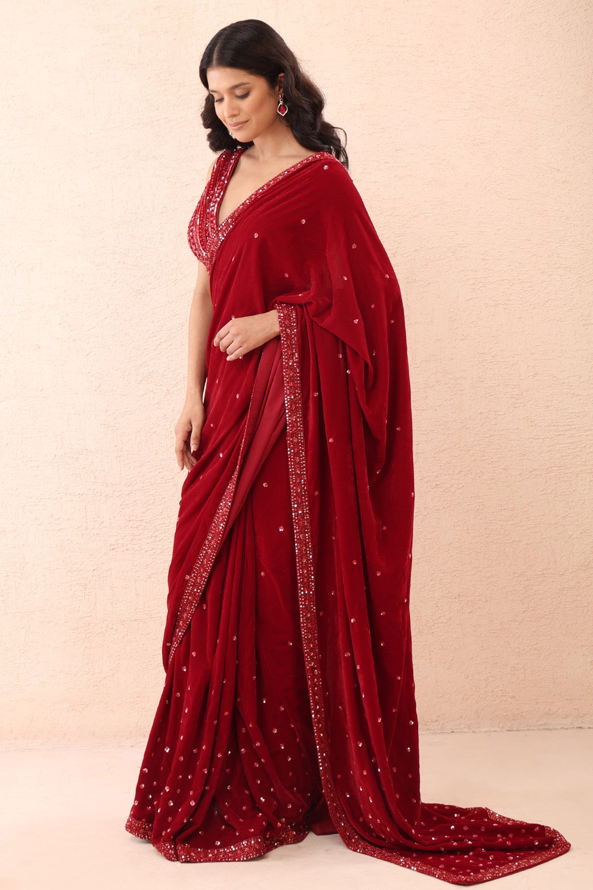 Red Velvet Embroidery Saree Set