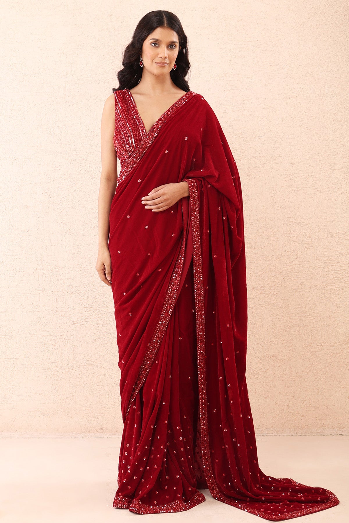 Buy Red Velvet Embroidery Saree Set for women by Priyanka Jain online available at scrollnshops