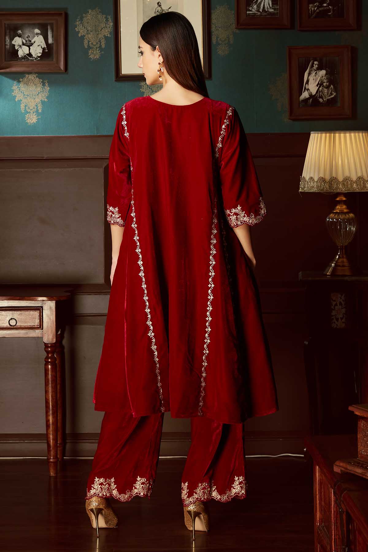 Red Velvet Flared Kurta & Pants
