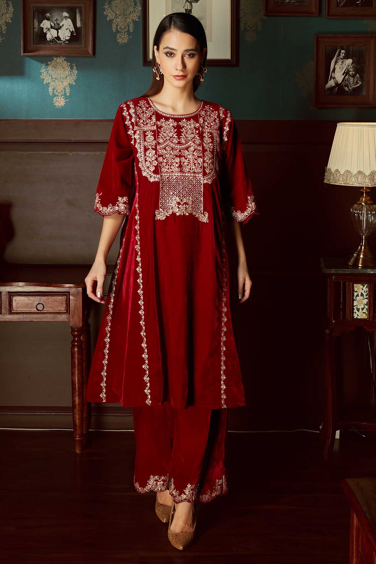 Red Velvet Flared Kurta & Pants
