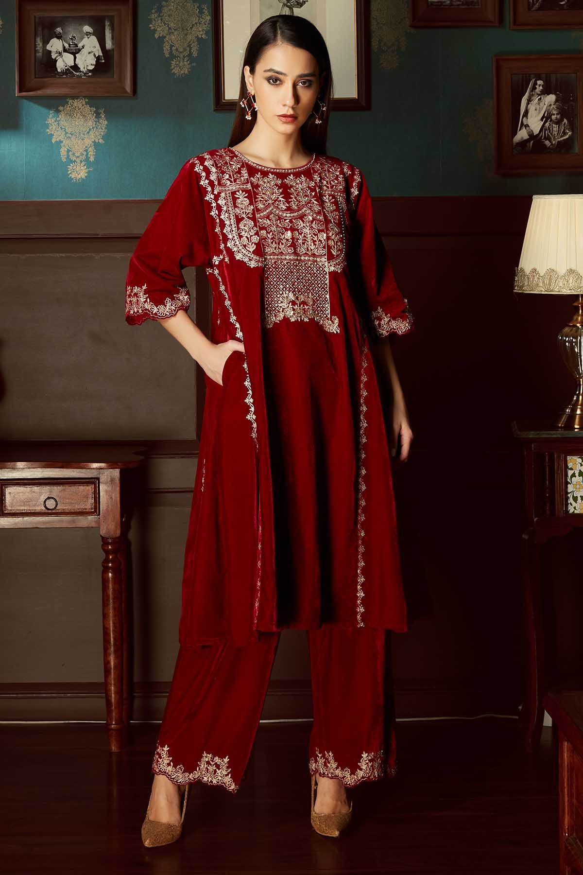 Priyanka Jain Red Velvet Flared Kurta & Pants for women online at ScrollnShops