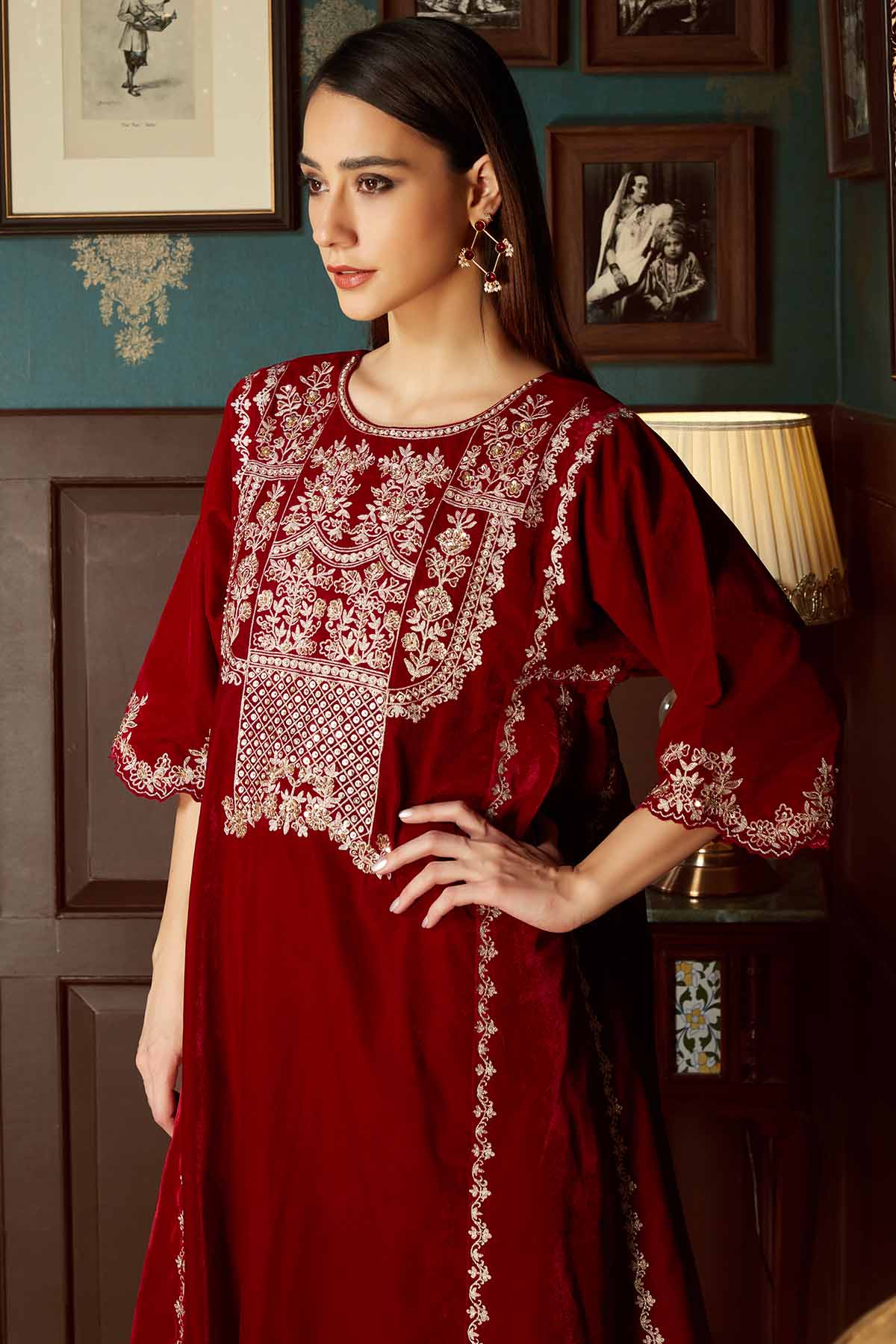 Red Velvet Flared Kurta & Pants
