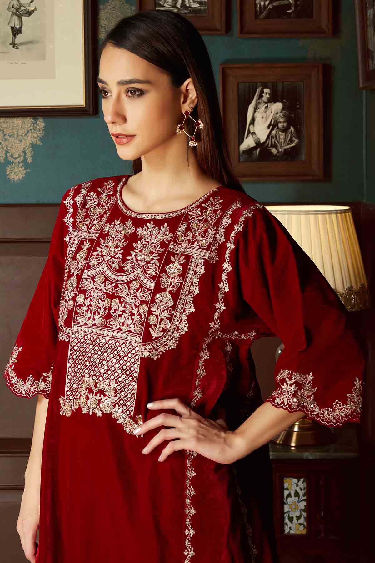 Red Velvet Flared Kurta & Pants