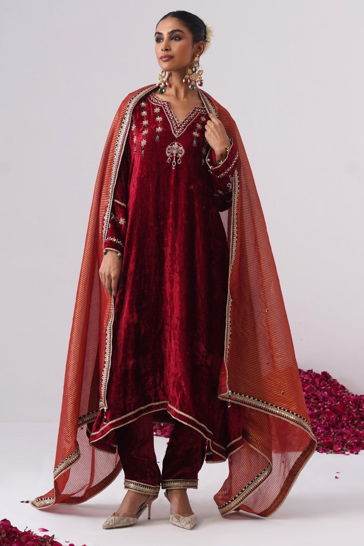 Buy Red Velvet Pearl Kurta & Pants for women by Ugna by Unnati online available at scrollnshops