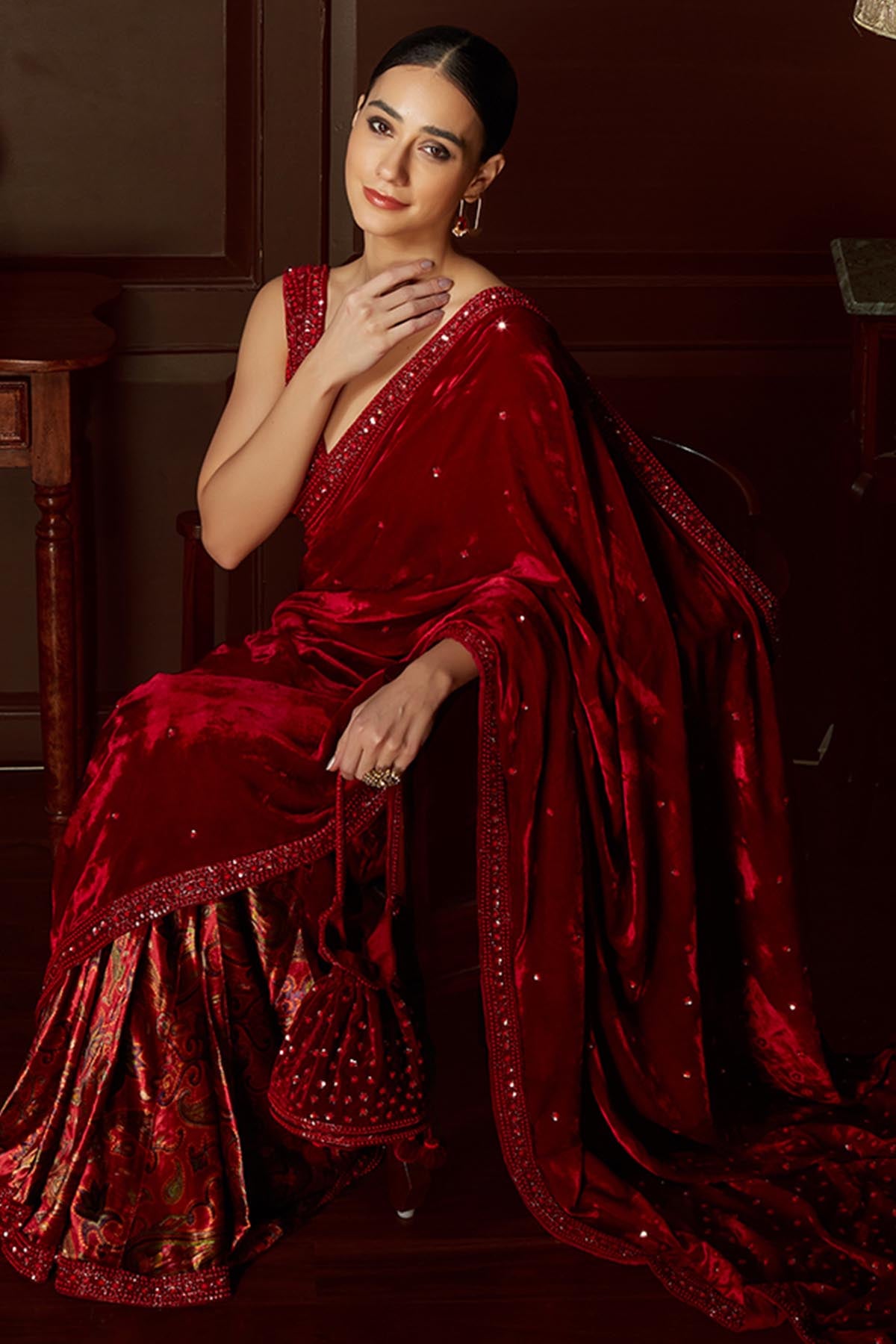 Red Velvet Pre-Draped Saree