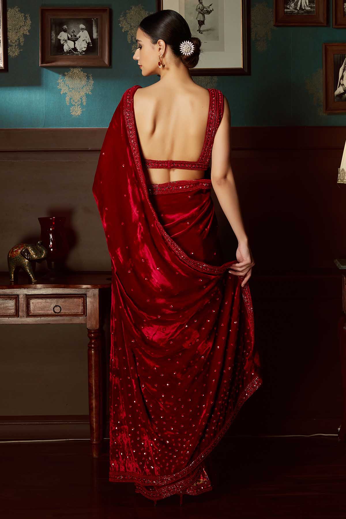 Red Velvet Pre-Draped Saree