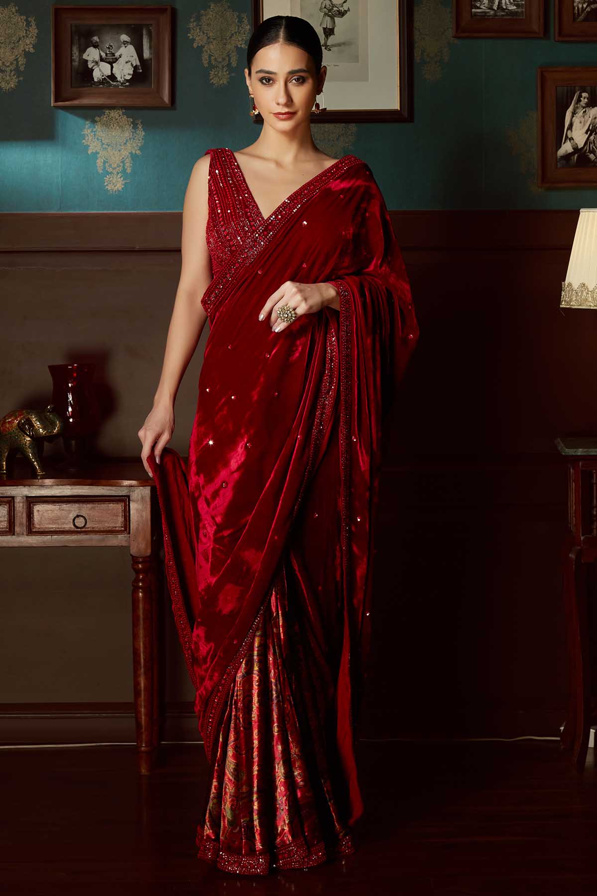 Priyanka Jain Red Velvet Pre-Draped Saree for women online at ScrollnShops